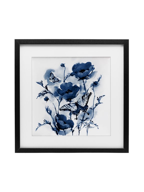 Industries Indigo Poppies & Butterflies Black Framed Print Under Glass design by Paul Brent, 13 x 13