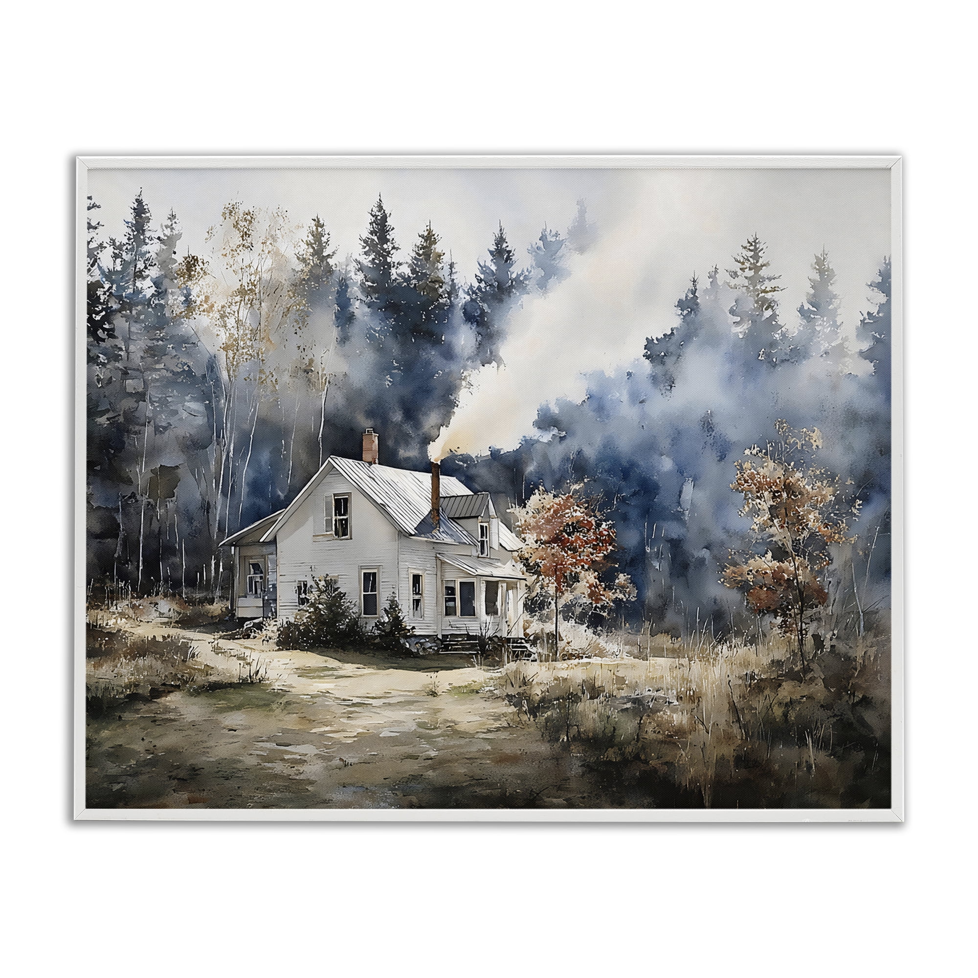 Stupell Industries Indigo Smoke at Woodland Cottage White Framed Giclee Art, design by Franklyn Gregory