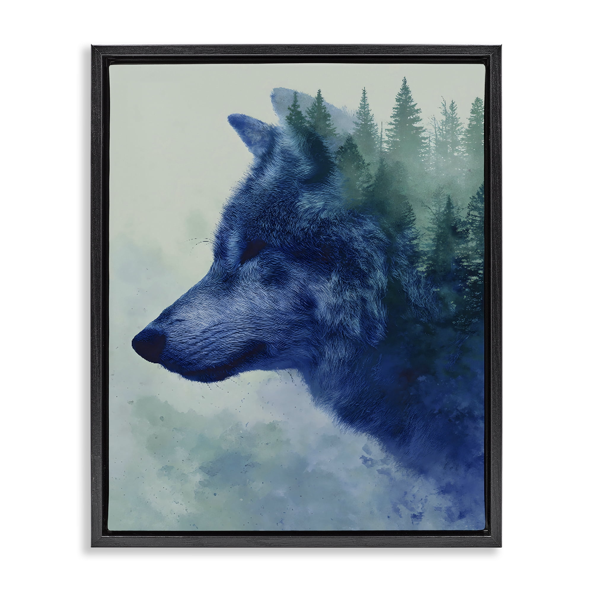 Stupell Industries Indigo Wolf in Misty Pines Black Framed Floater Canvas Wall Art, design by Franklyn Gregory