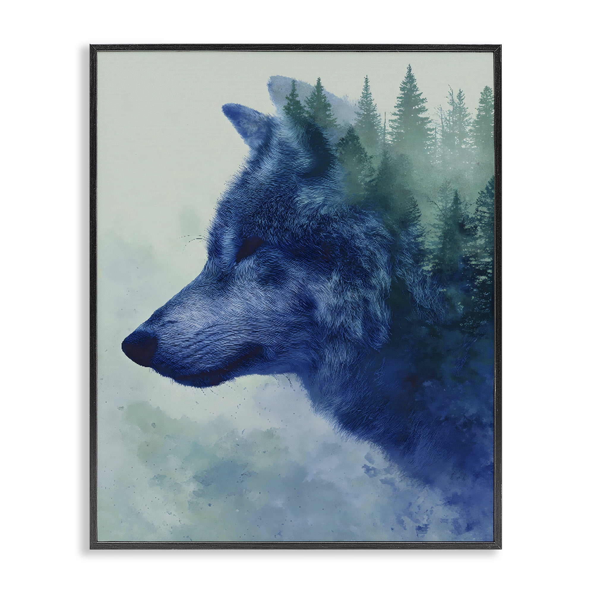 Stupell Industries Indigo Wolf in Misty Pines Black Framed Giclee Art, design by Franklyn Gregory
