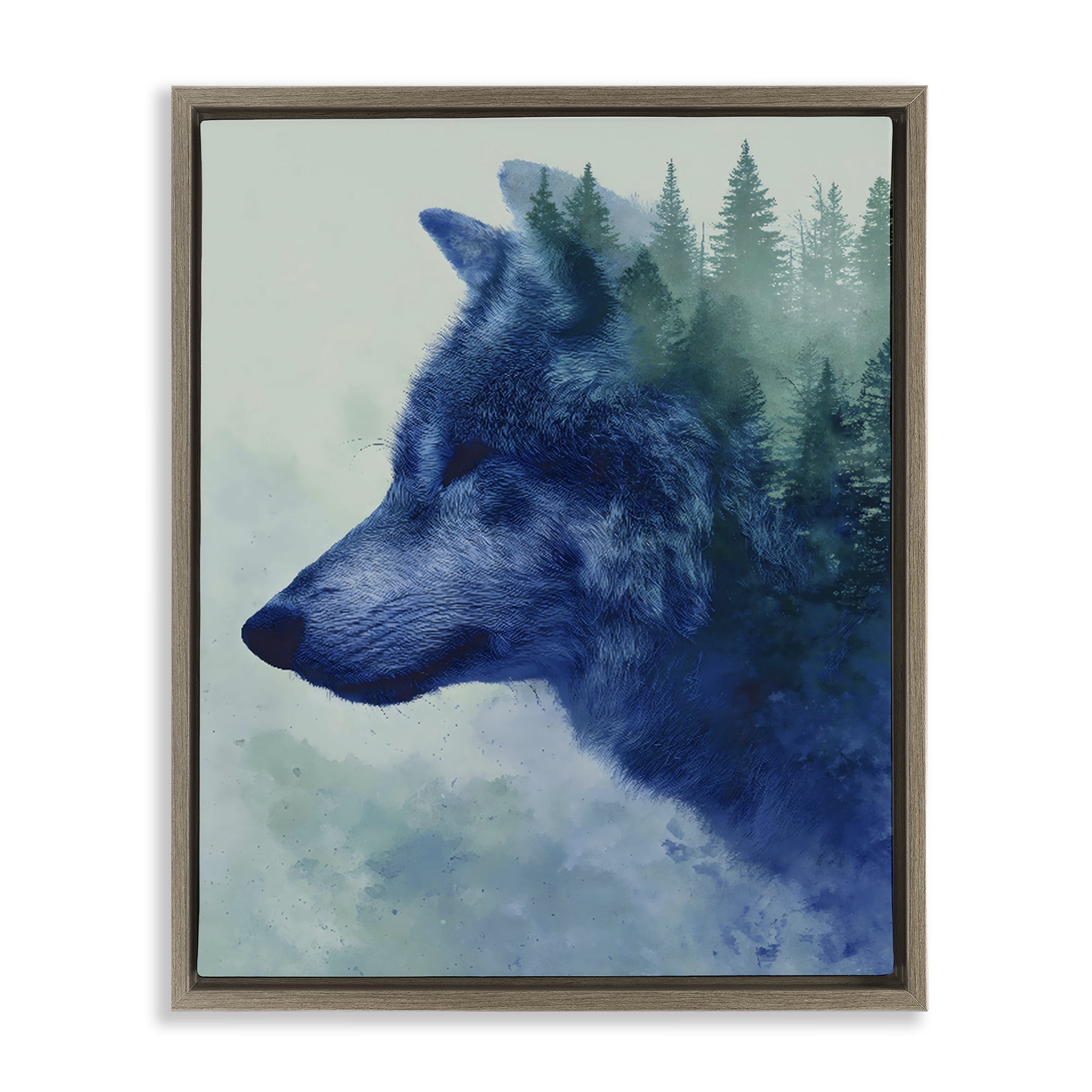Stupell Industries Indigo Wolf in Misty Pines Brown Framed Floater Canvas Wall Art, design by Franklyn Gregory