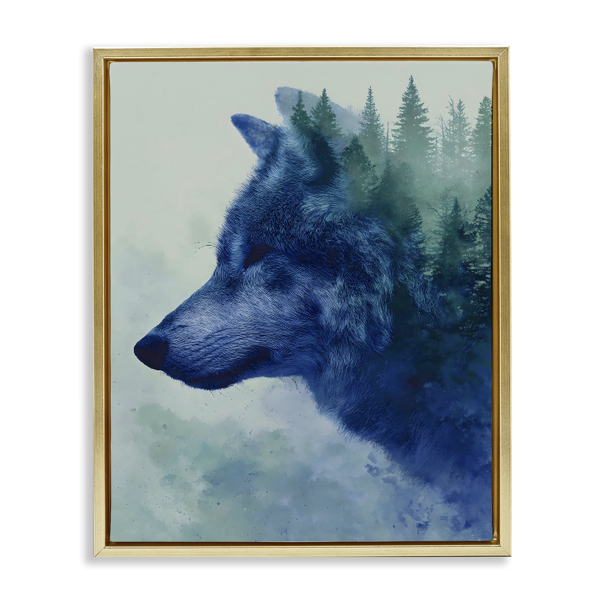 Stupell Industries Indigo Wolf in Misty Pines Gold Framed Floater Canvas Wall Art, design by Franklyn Gregory