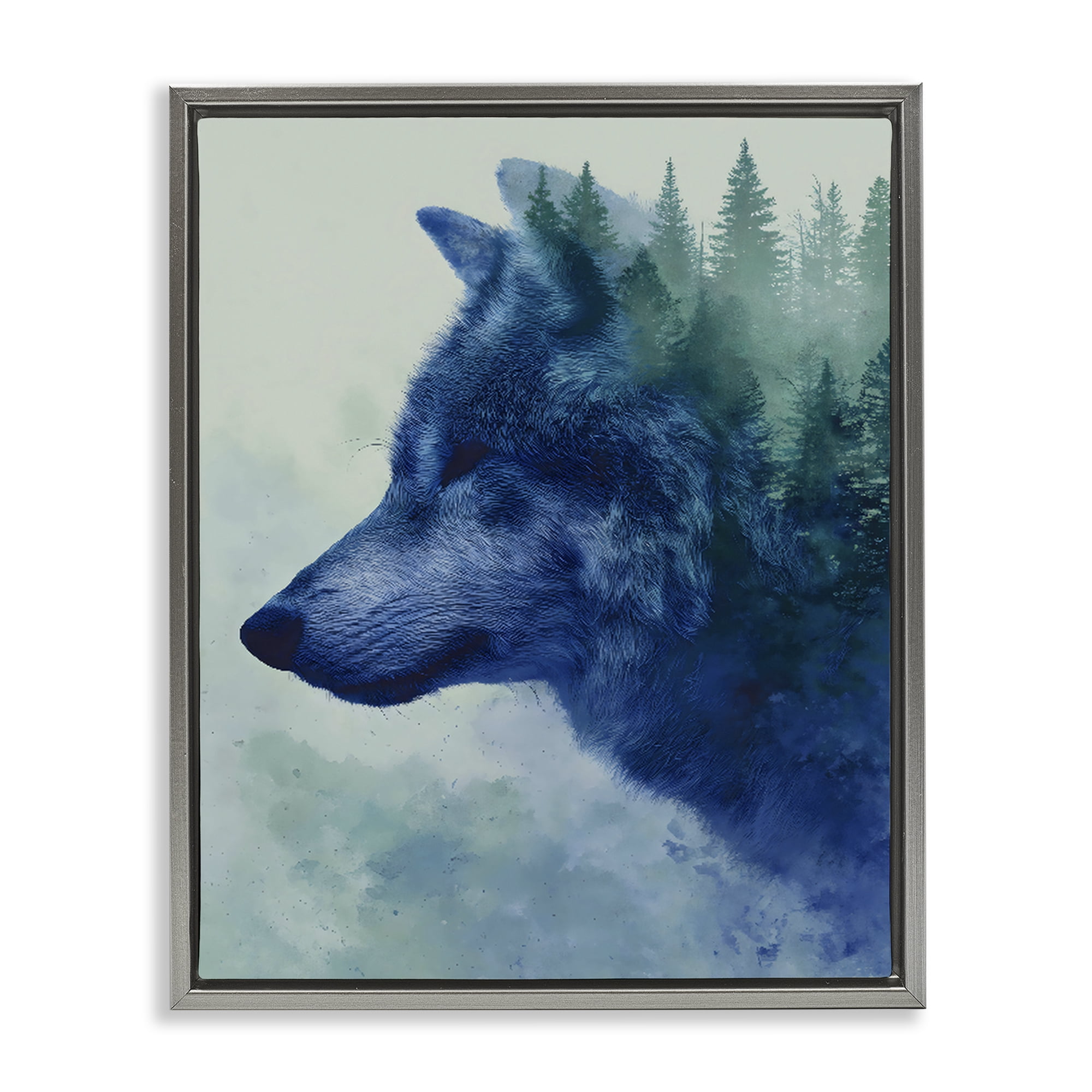 Stupell Industries Indigo Wolf in Misty Pines Gray Framed Floater Canvas Wall Art, design by Franklyn Gregory