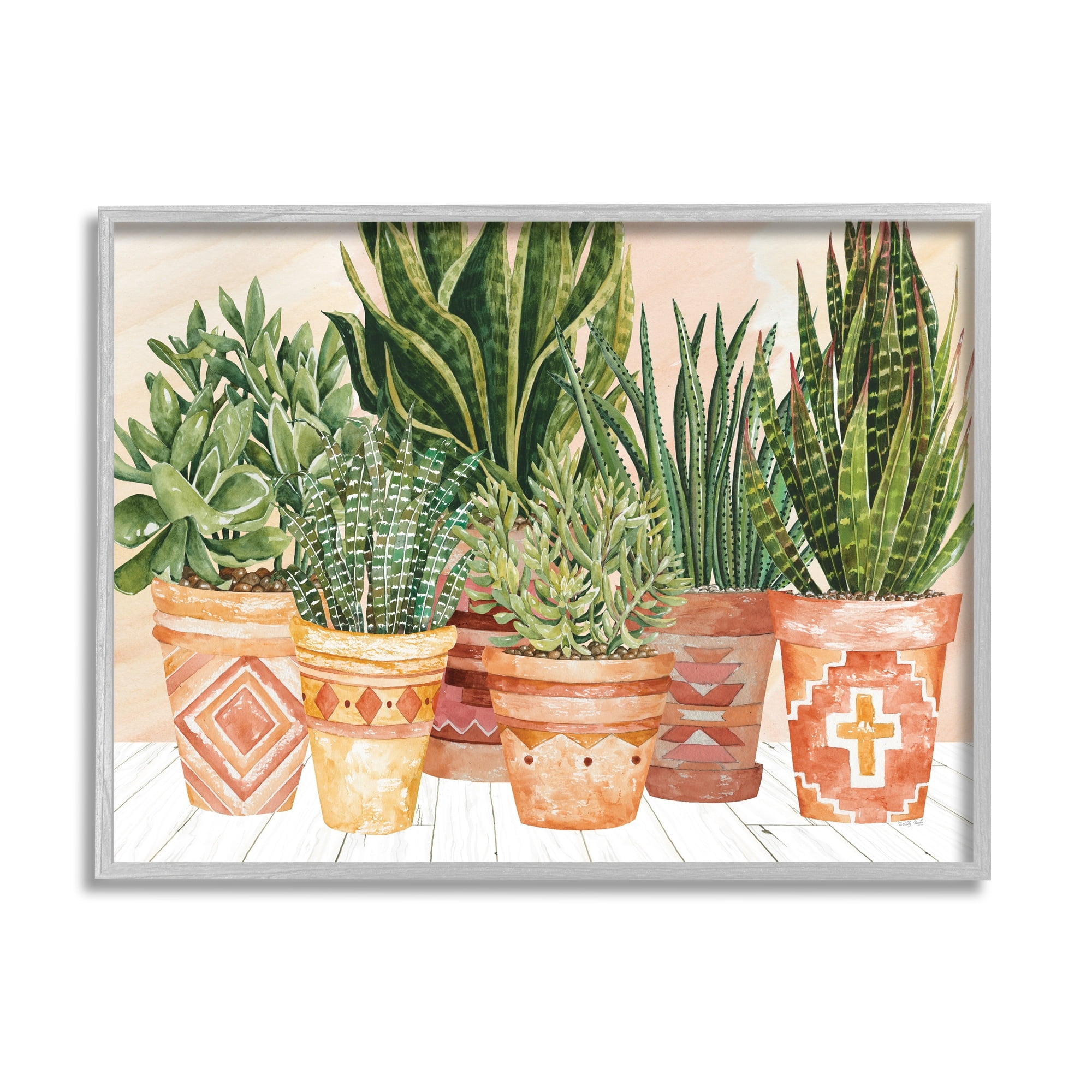 Stupell Industries Indoor Plant Scene Boho Pattern Pots Living Room Graphic Art Gray Framed Art Print Wall Art, 30x24, by Cindy Jacobs