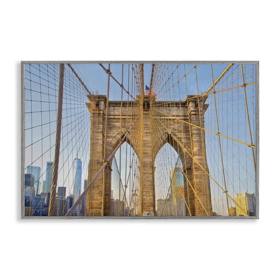 Stupell Industries Industrial Bridge with American Flag Cityscapes Photography Gray Framed Art Print Wall Art, 18 x 12