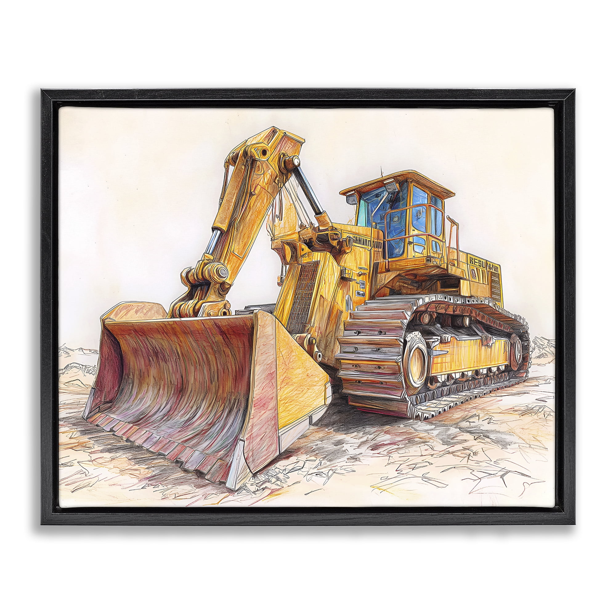Stupell Industries Industrial Bulldozer Drawing Black Framed Floater Canvas Wall Art, design by Steve Hunziker