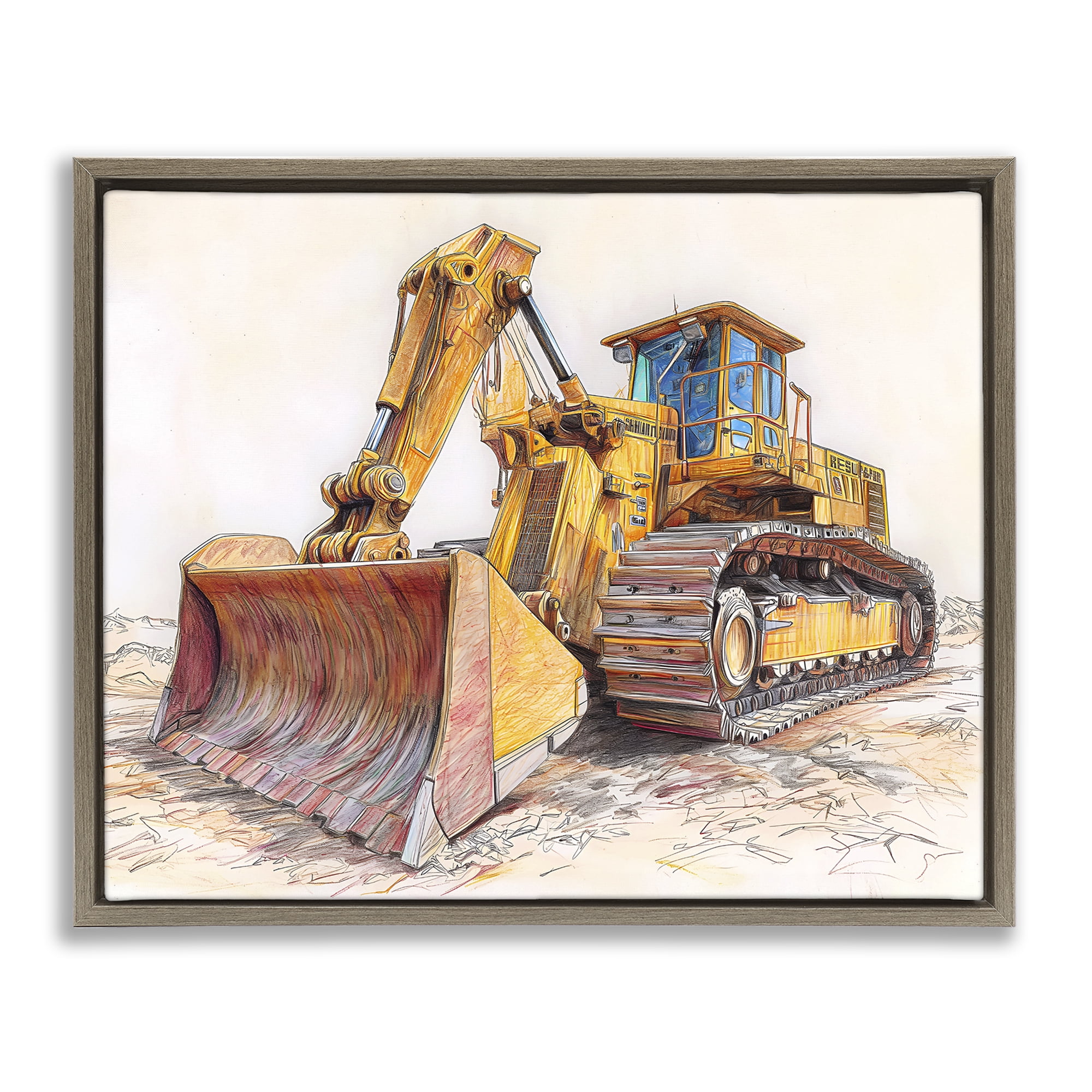 Stupell Industries Industrial Bulldozer Drawing Brown Framed Floater Canvas Wall Art, design by Steve Hunziker