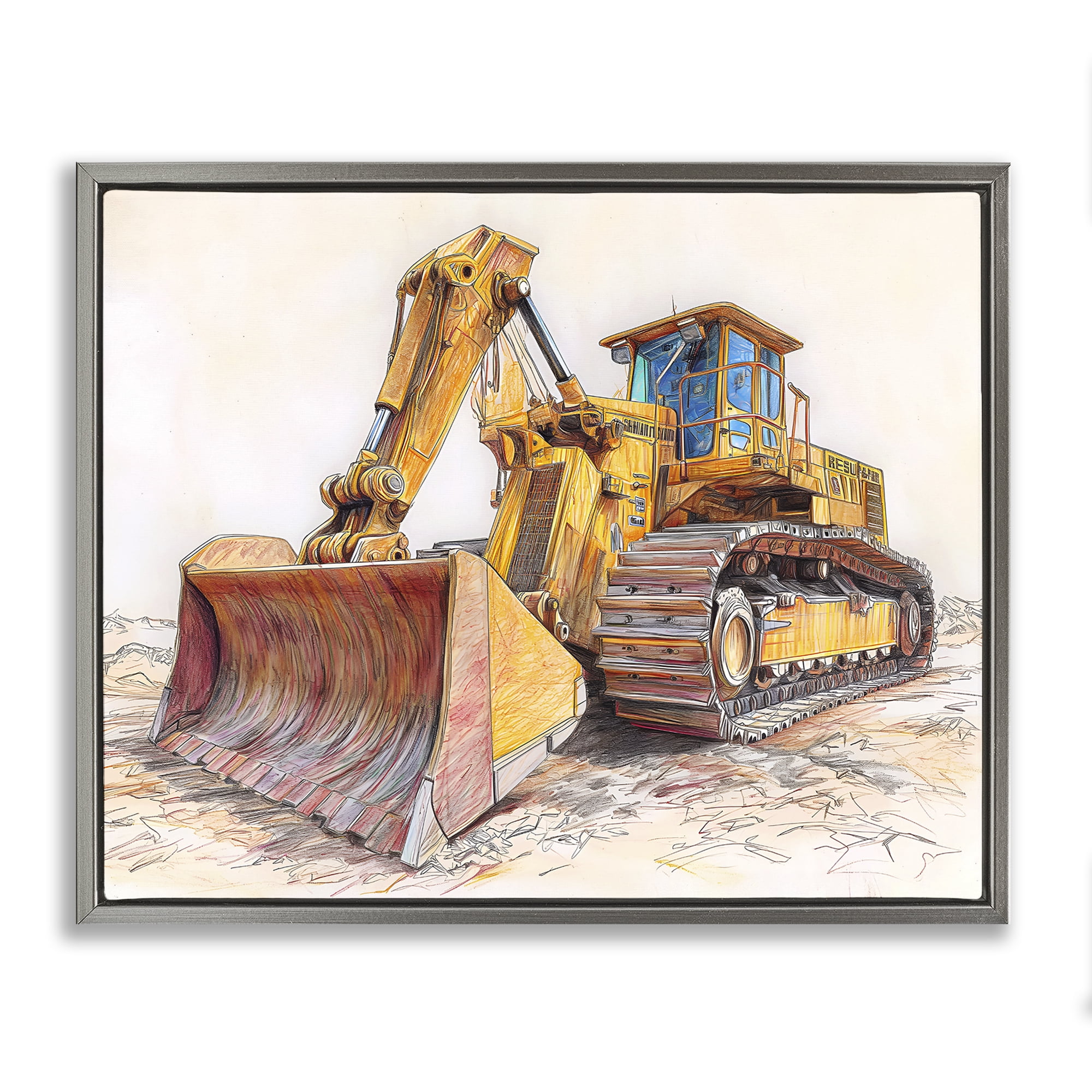 Stupell Industries Industrial Bulldozer Drawing Gray Framed Floater Canvas Wall Art, design by Steve Hunziker