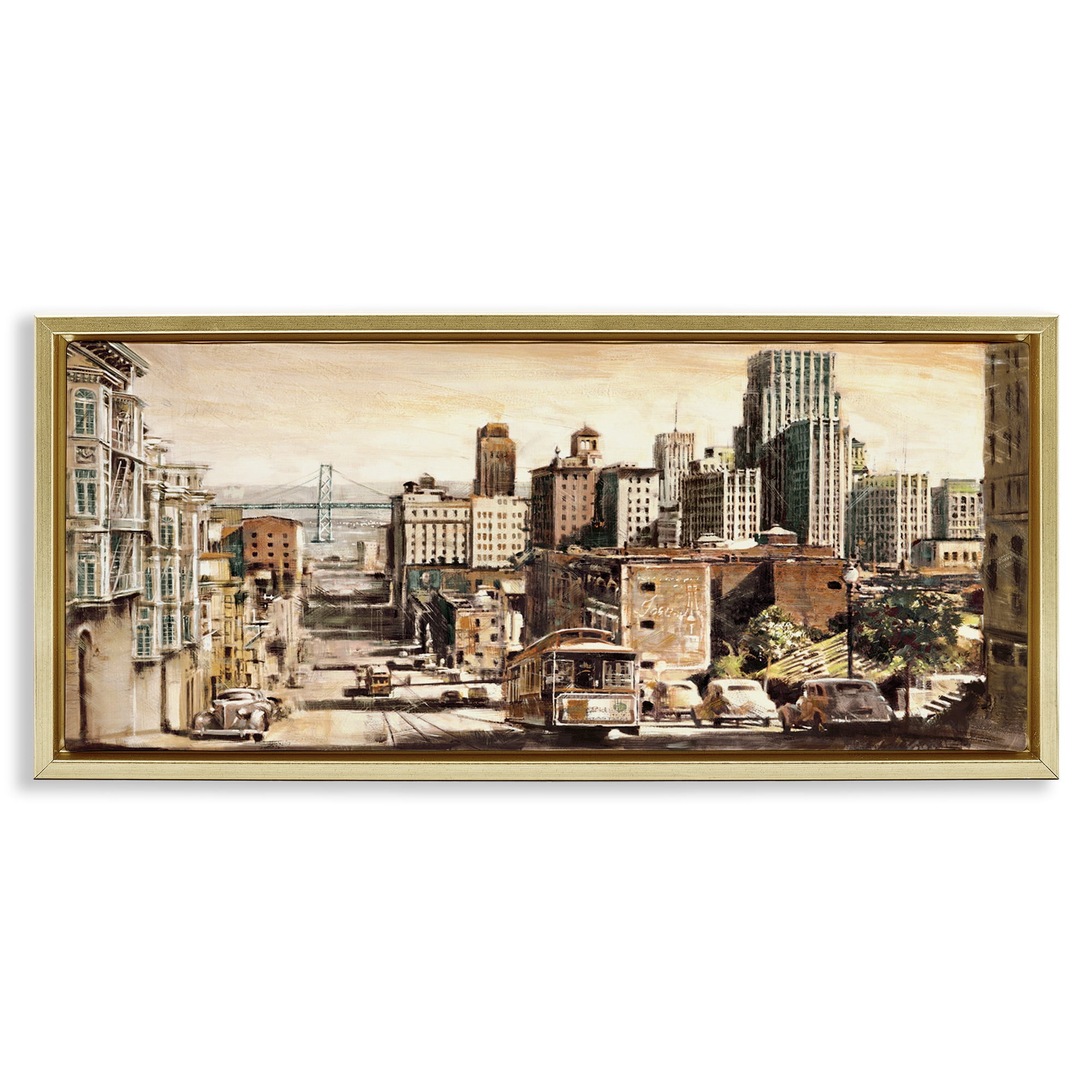 Stupell Industries Industrial City Scene Scenery Painting Gold Floater Framed Art Print Wall Art, 31 x 14
