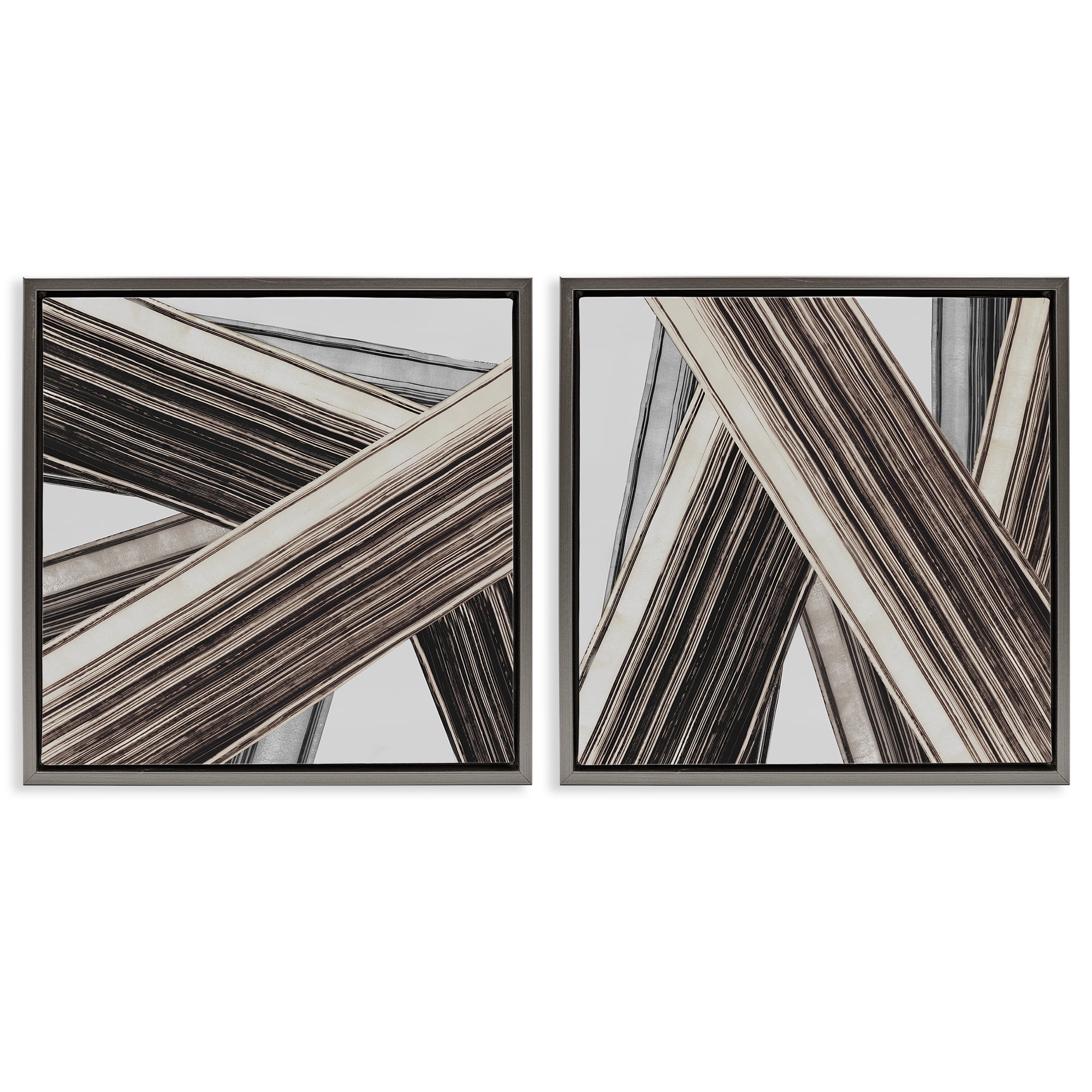 Stupell Industries Industrial Linear Crisscross Abstract Painting Gray Floater Framed Canvas Art Print Wall Art, 18 x 18, Set of 2