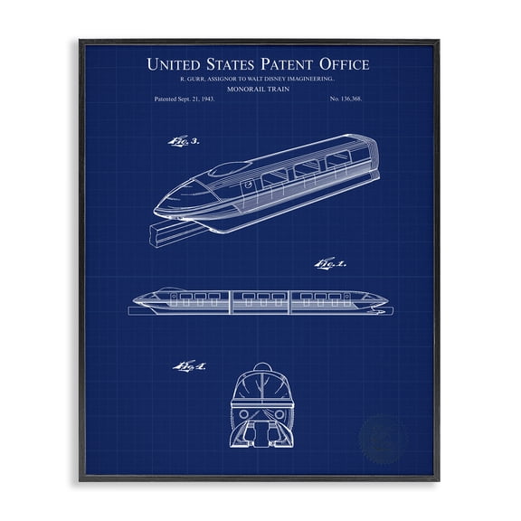Stupell Industries Industrial Monorail Train Blueprint Black Framed Giclee Art, 11 x 14, by Karl Hronek
