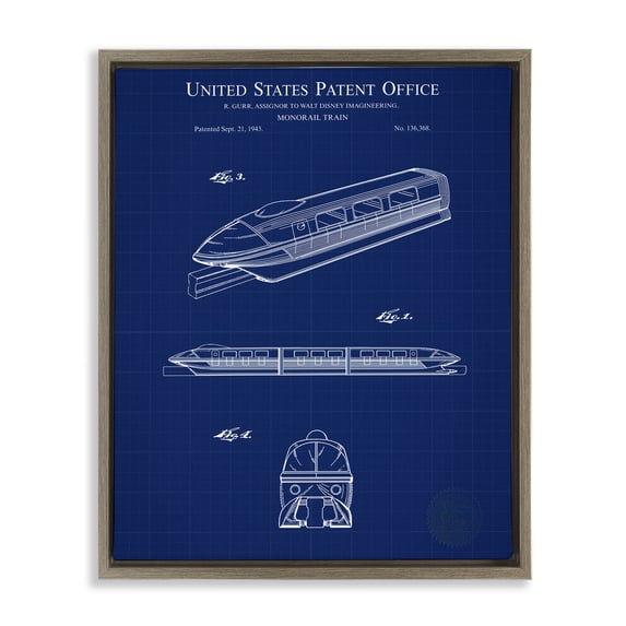 Stupell Industries Industrial Monorail Train Blueprint Brown Floating Frame Canvas Art, 17 x 21, by Karl Hronek