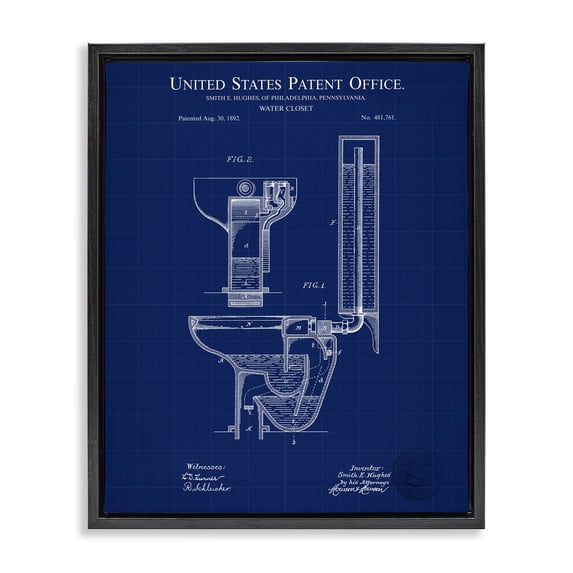 Stupell Industries Industrial Water Closet Blueprint Black Floating Frame Canvas Art, 17 x 21, by Karl Hronek
