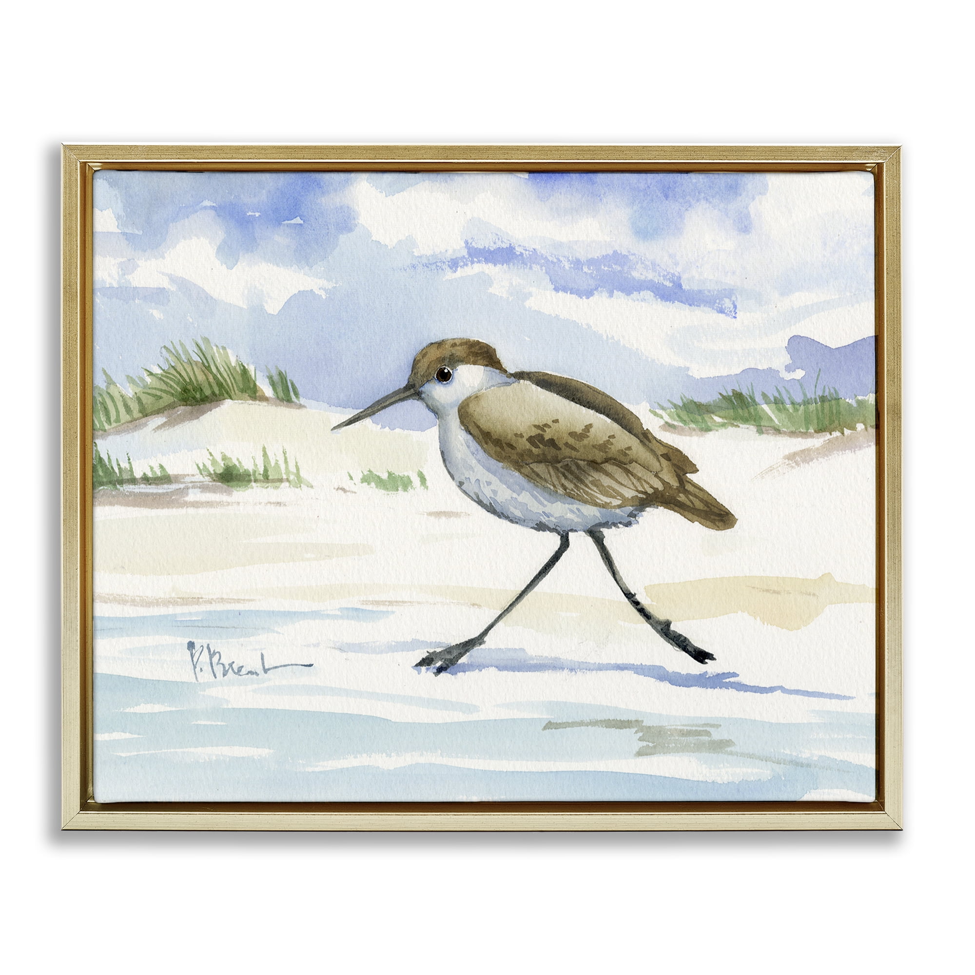 Stupell Industries Inlet Beach Sandpiper Running Gold Framed Floater Canvas Wall Art, design by Paul Brent