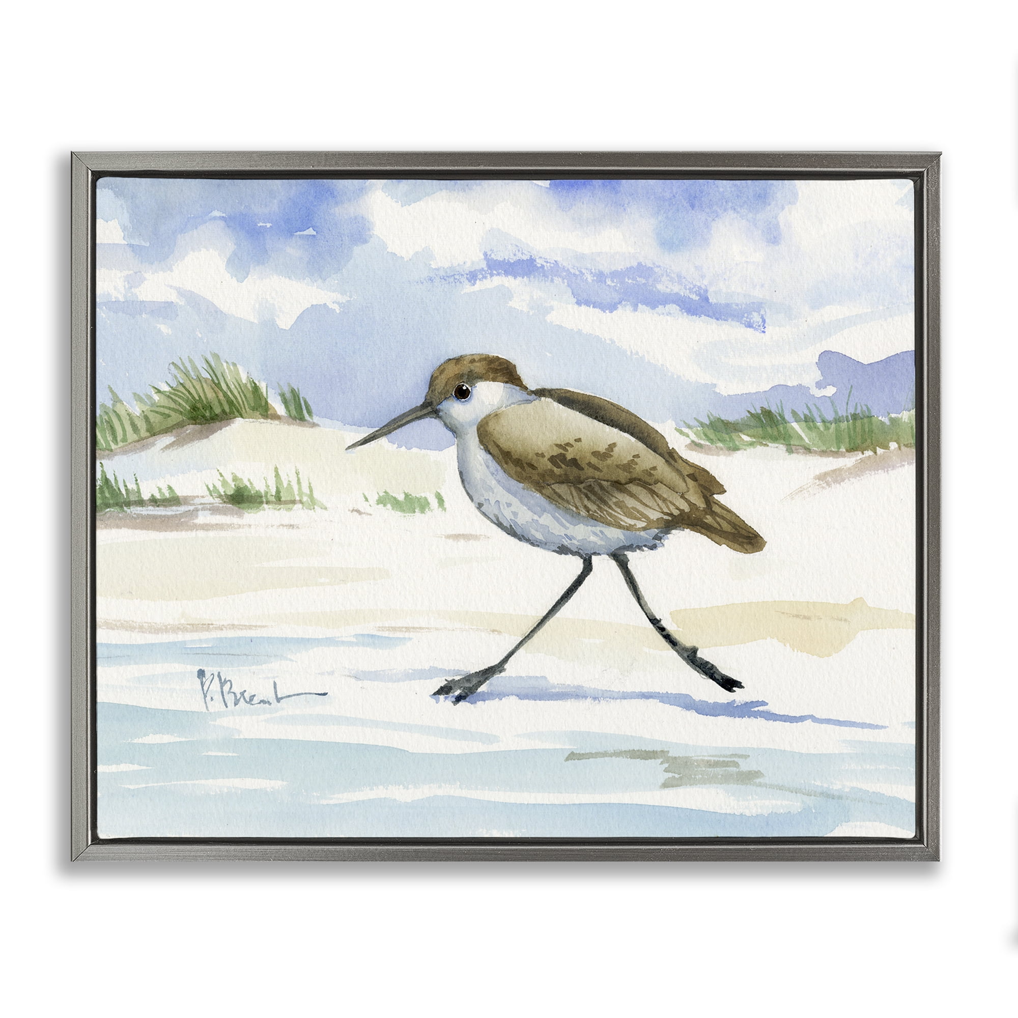 Stupell Industries Inlet Beach Sandpiper Running Gray Framed Floater Canvas Wall Art, design by Paul Brent