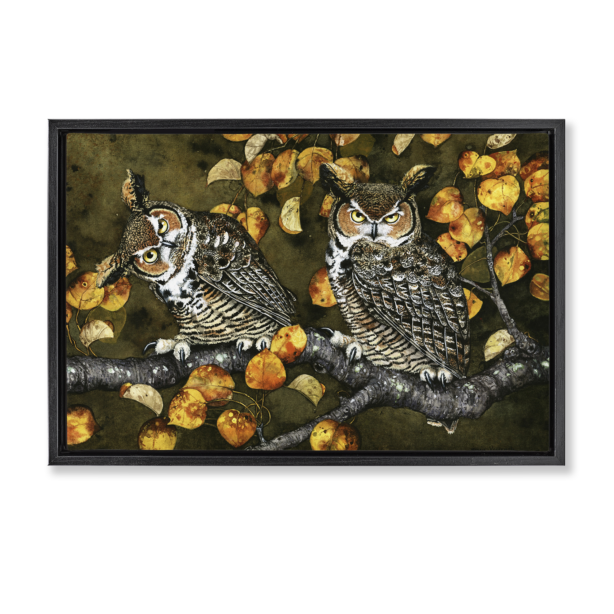 Stupell Industries Inquisitor Owls Autumn Branch Animals & Insects Painting Black Floater Framed Canvas Art Print Wall Art, 31 x 21