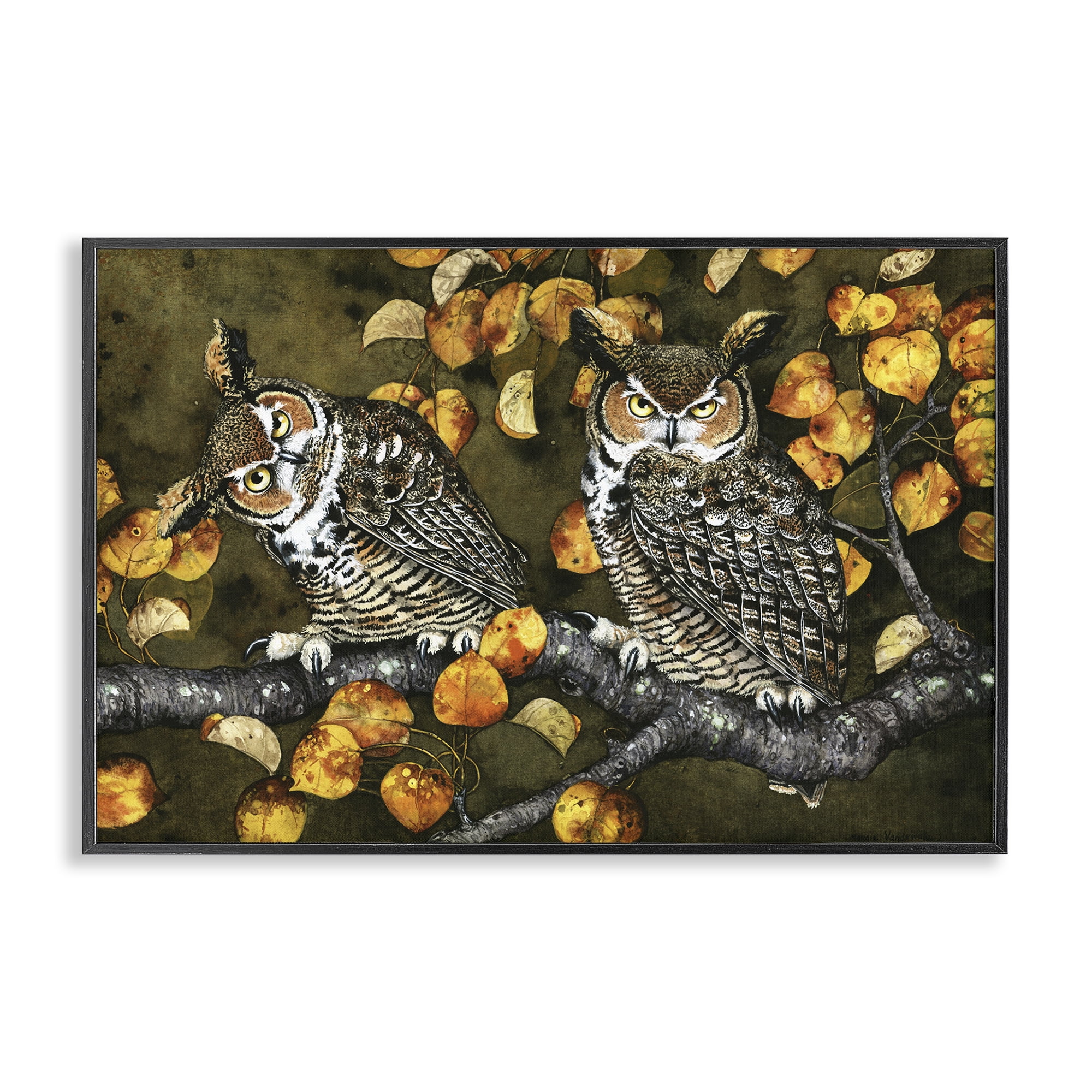 Stupell Industries Inquisitor Owls Autumn Branch Animals & Insects Painting Black Framed Art Print Wall Art, 30 x 20