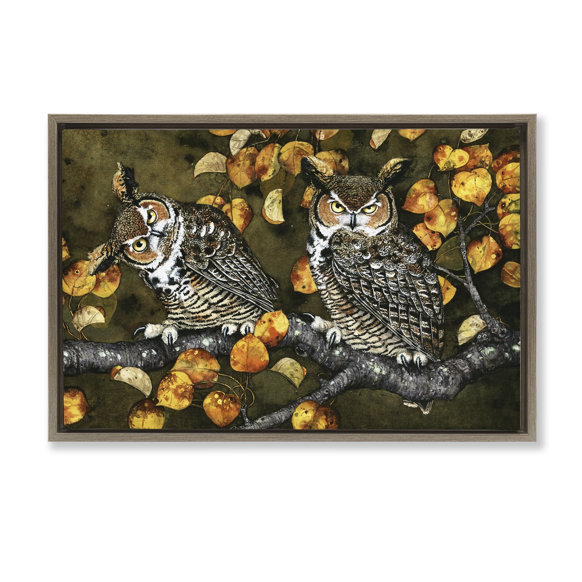 Stupell Industries Inquisitor Owls Autumn Branch Animals & Insects Painting Brown Floater Framed Canvas Art Print Wall Art, 25 x 17