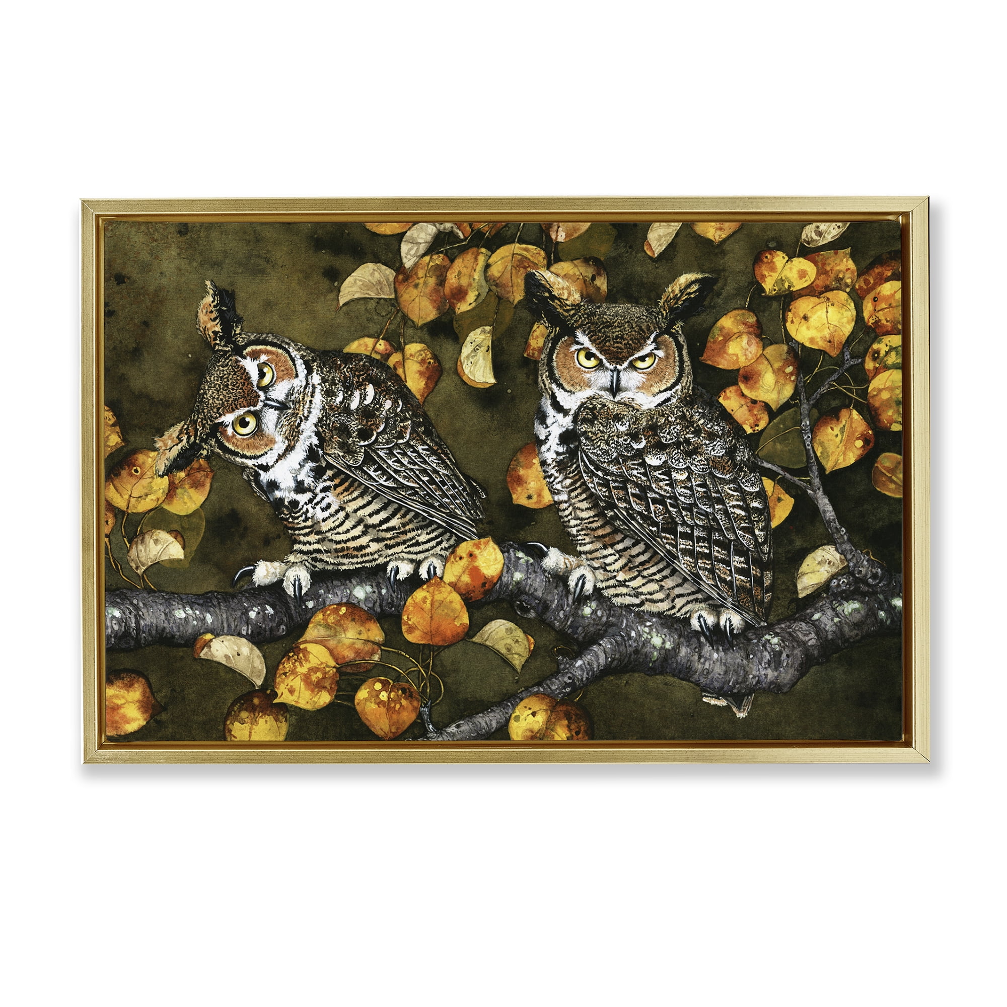 Stupell Industries Inquisitor Owls Autumn Branch Animals & Insects Painting Gold Floater Framed Canvas Art Print Wall Art, 25 x 17