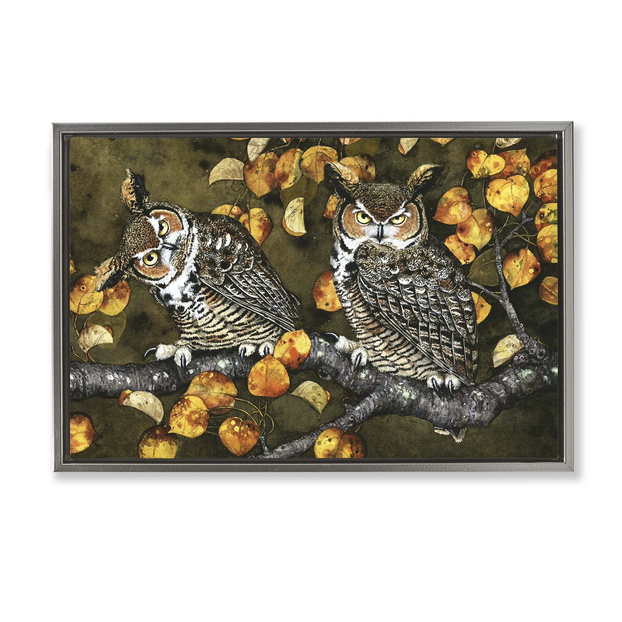 Stupell Industries Inquisitor Owls Autumn Branch Animals & Insects Painting Gray Floater Framed Canvas Art Print Wall Art, 31 x 21