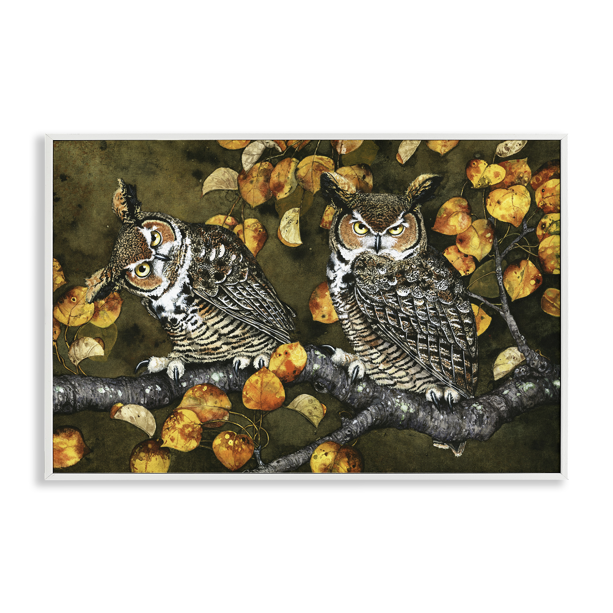 Stupell Industries Inquisitor Owls Autumn Branch Animals & Insects Painting White Framed Art Print Wall Art, 24 x 16