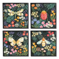 Stupell Industries Insects Among Wildflowers Animals & Insects Painting Black Framed Art Print Wall Art, 12 x 12, Set of 4