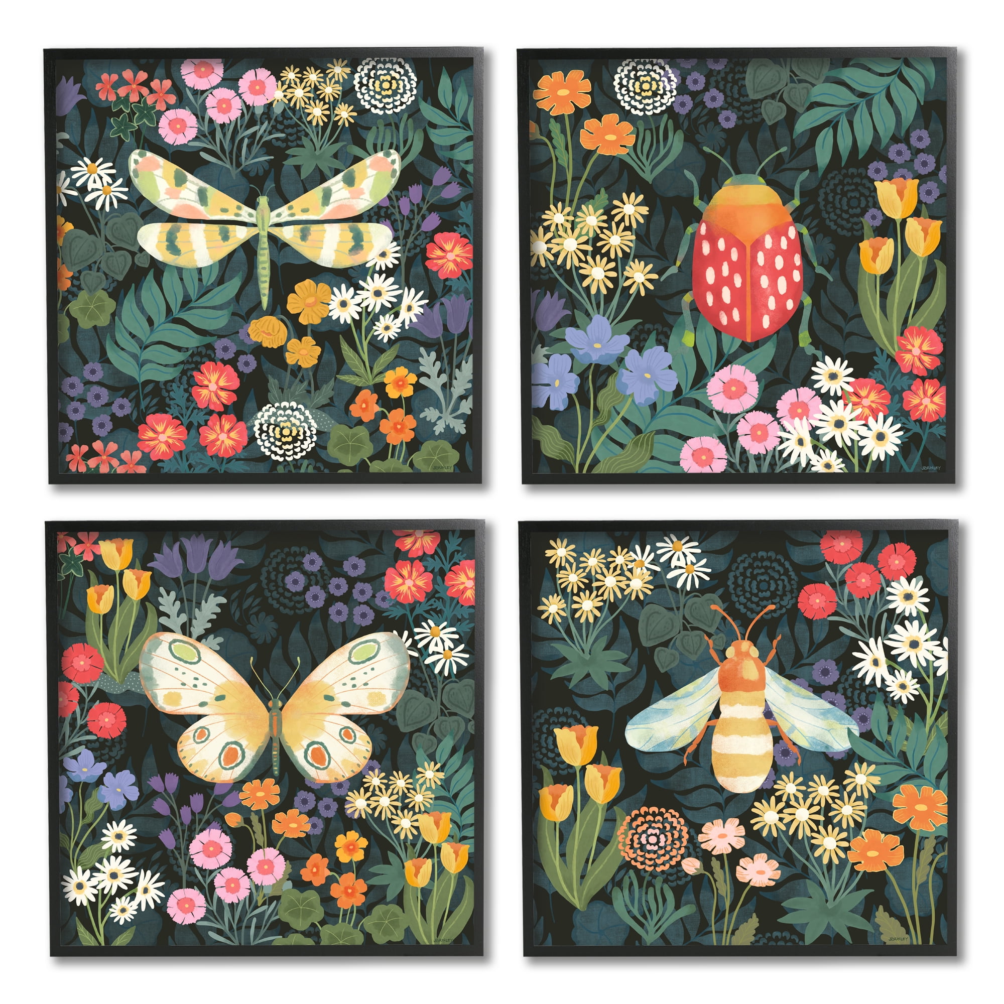 Stupell Industries Insects Among Wildflowers Animals & Insects Painting Black Framed Art Print Wall Art, 17 x 17, Set of 4