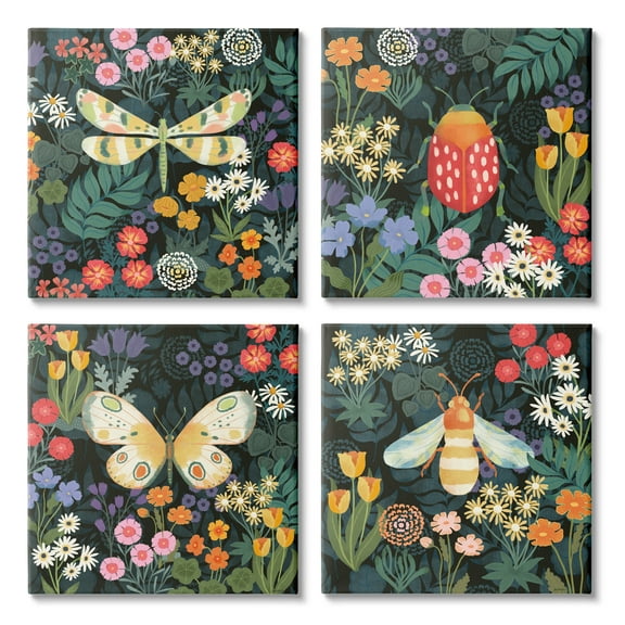 Stupell Industries Insects Among Wildflowers Animals & Insects Painting Gallery Wrapped Canvas Art Print Wall Art, 17 x 17, Set of 4