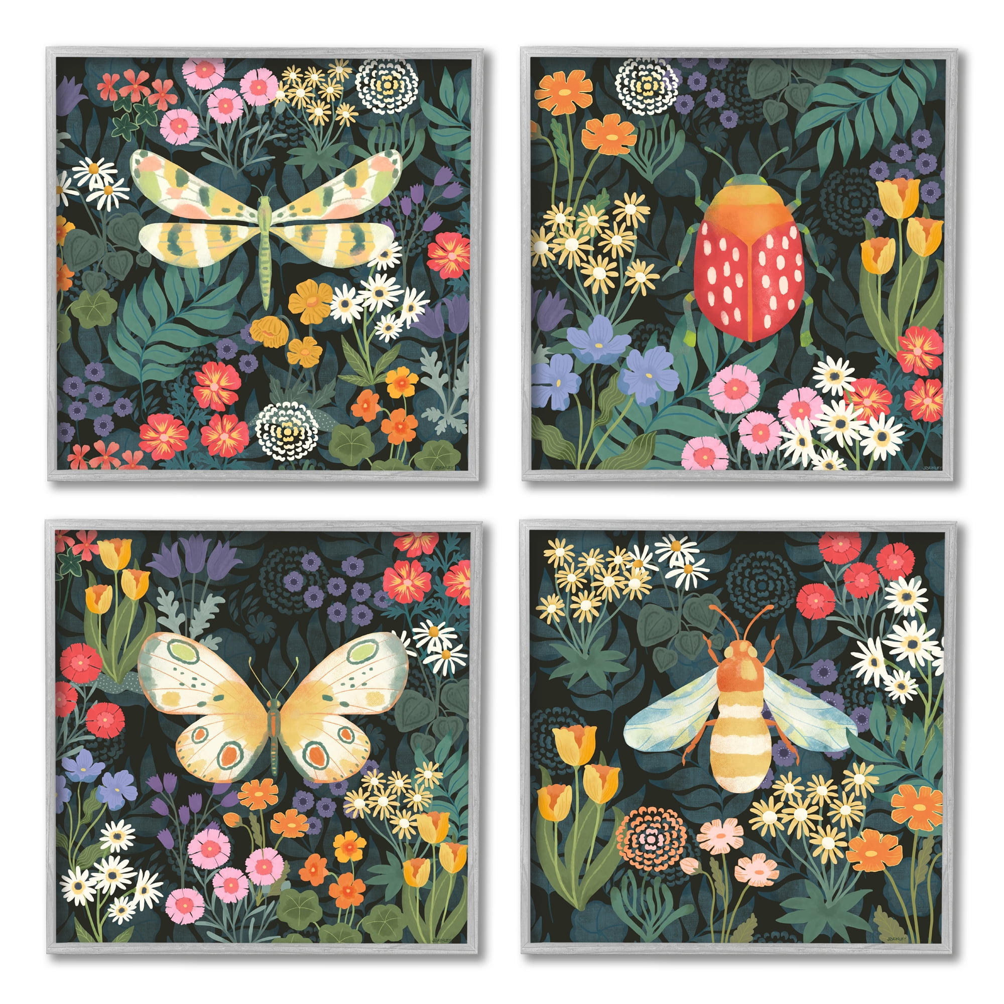 Stupell Industries Insects Among Wildflowers Animals & Insects Painting Gray Framed Art Print Wall Art, 12 x 12, Set of 4