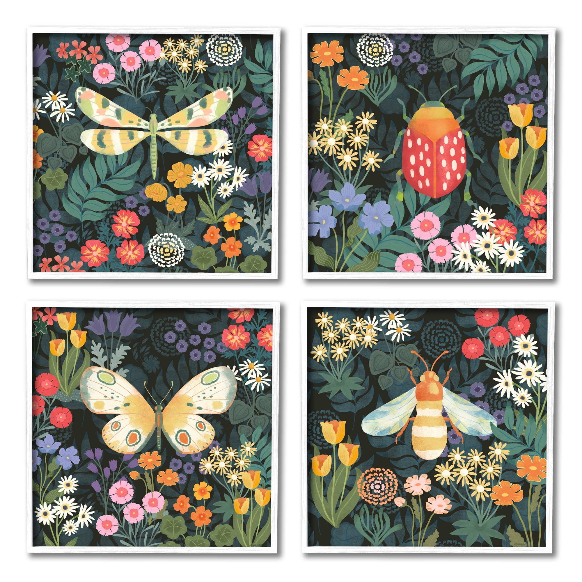 Stupell Industries Insects Among Wildflowers Animals & Insects Painting White Framed Art Print Wall Art, 17 x 17, Set of 4