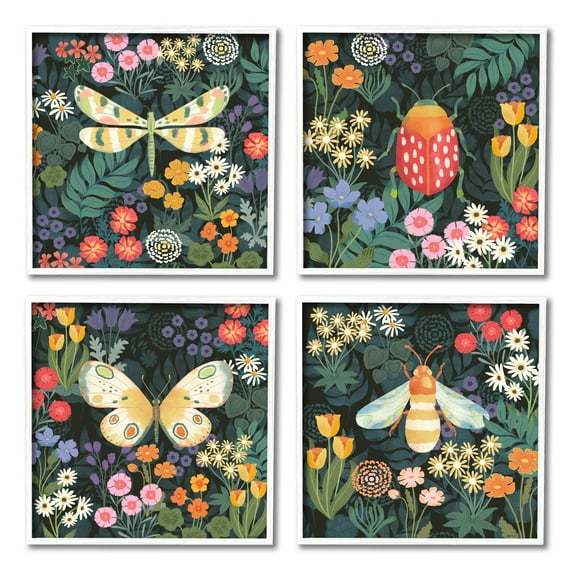 Stupell Industries Insects Among Wildflowers Animals & Insects Painting White Framed Art Print Wall Art, 17 x 17, Set of 4