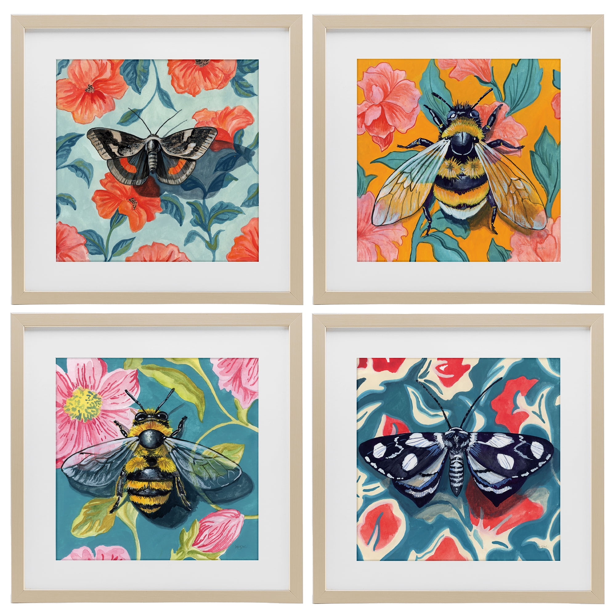 Stupell Industries Insects on Flower Patterns 4 Piece Birch Framed Print Under Glass Set, design by Kate Jarvik Birch