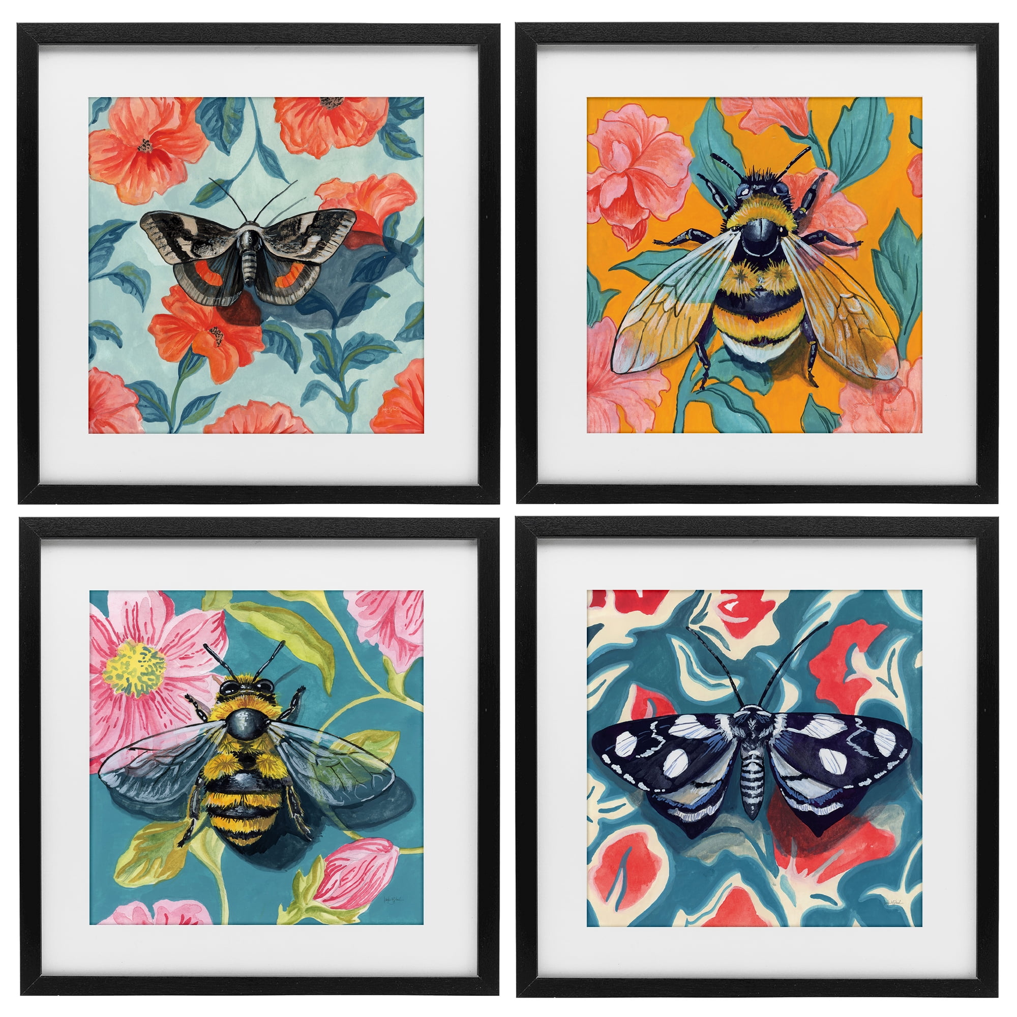 Stupell Industries Insects on Flower Patterns 4 Piece Black Framed Print Under Glass Set, design by Kate Jarvik Birch
