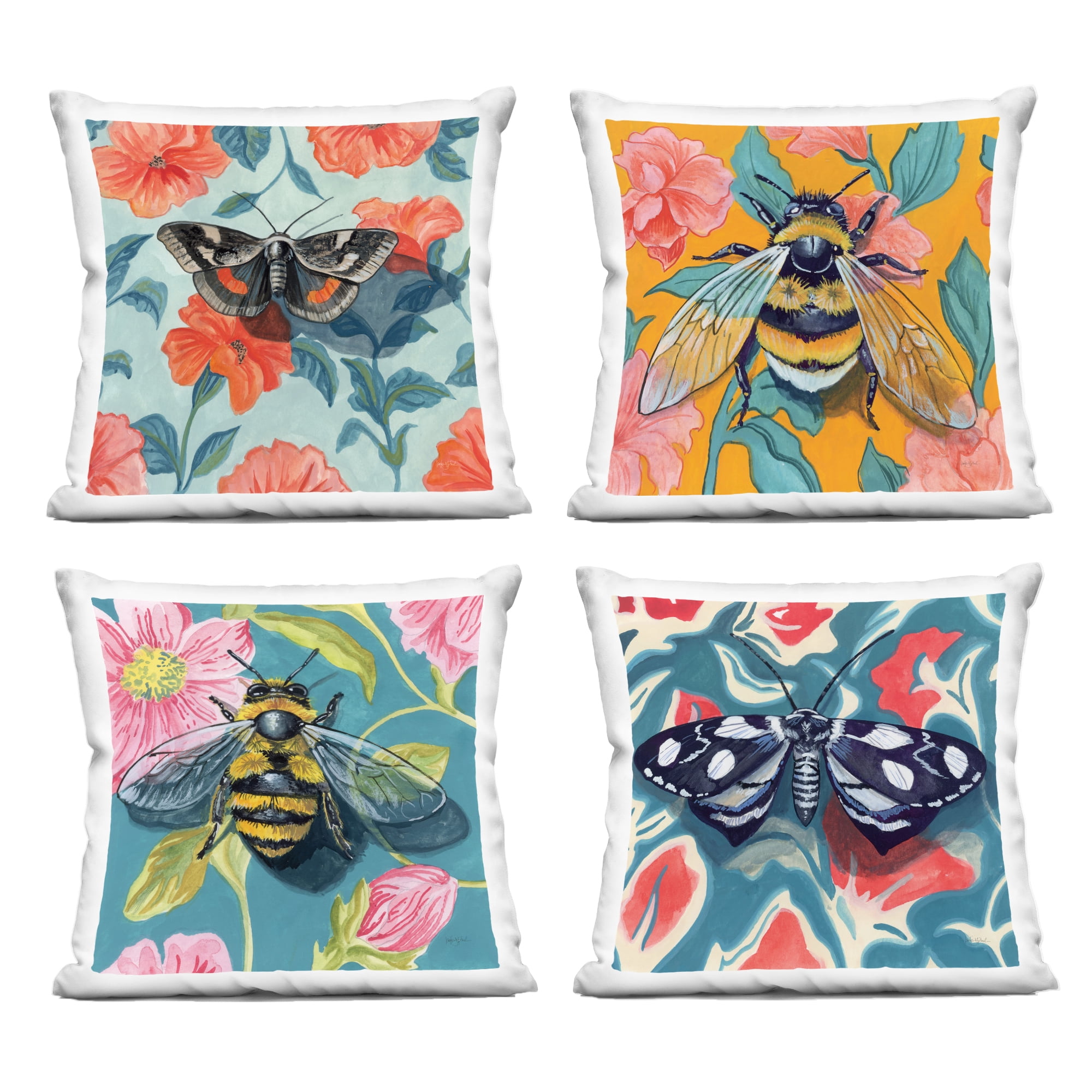 Stupell Industries Insects on Flower Patterns 4 Piece Decorative Printed Throw Pillow Set, design by Kate Jarvik Birch