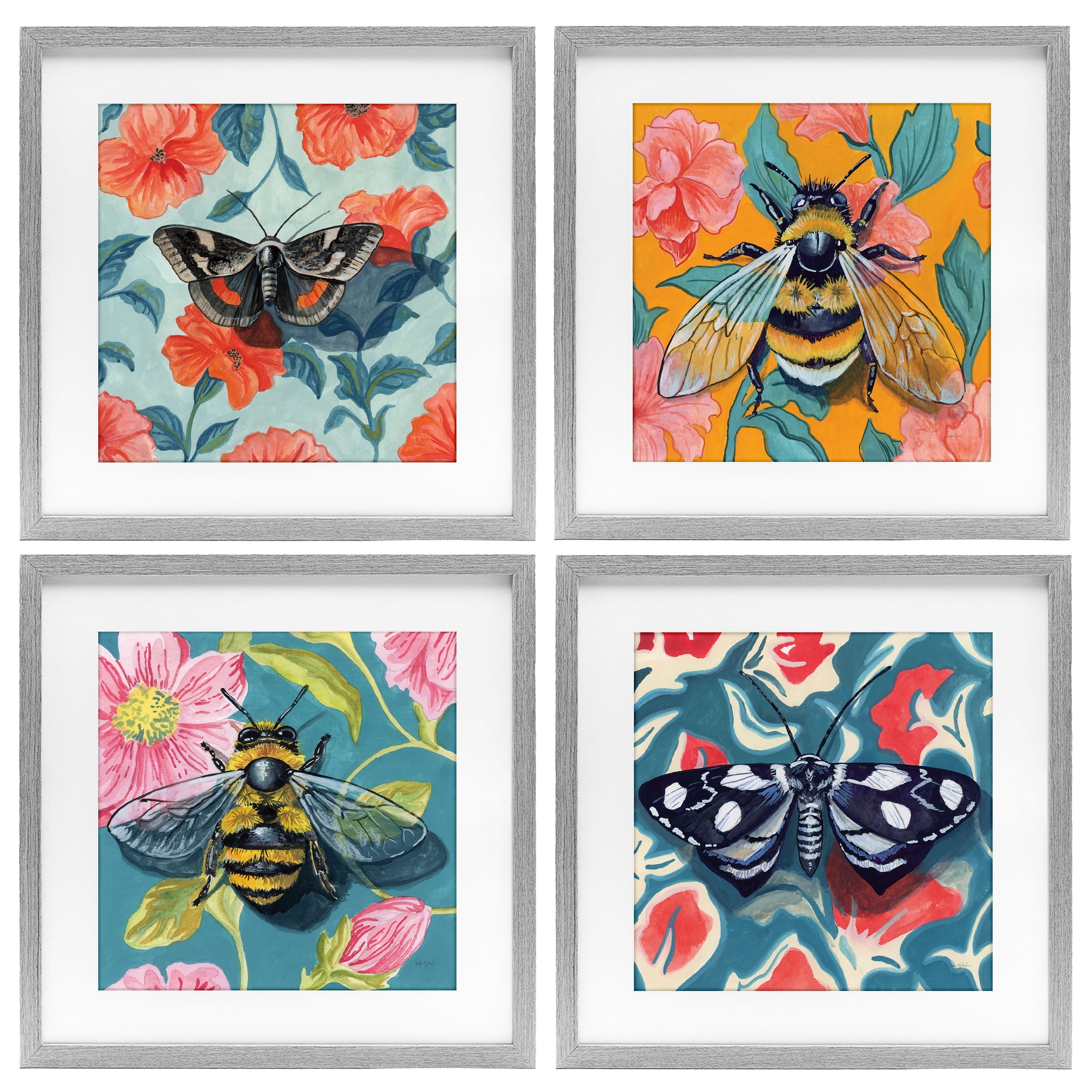 Stupell Industries Insects on Flower Patterns 4 Piece Gray Framed Print Under Glass Set, design by Kate Jarvik Birch