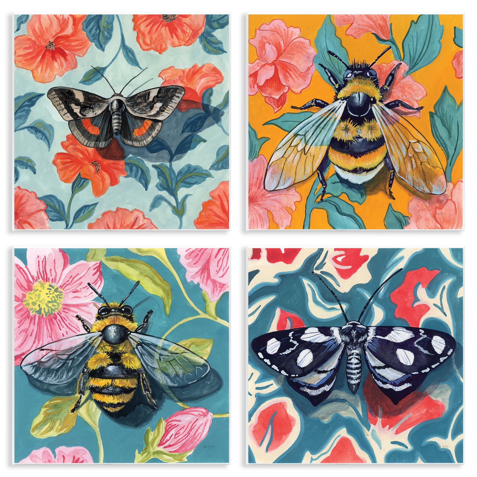 Stupell Industries Insects on Flower Patterns 4 Piece Wall Plaque Art Set, design by Kate Jarvik Birch