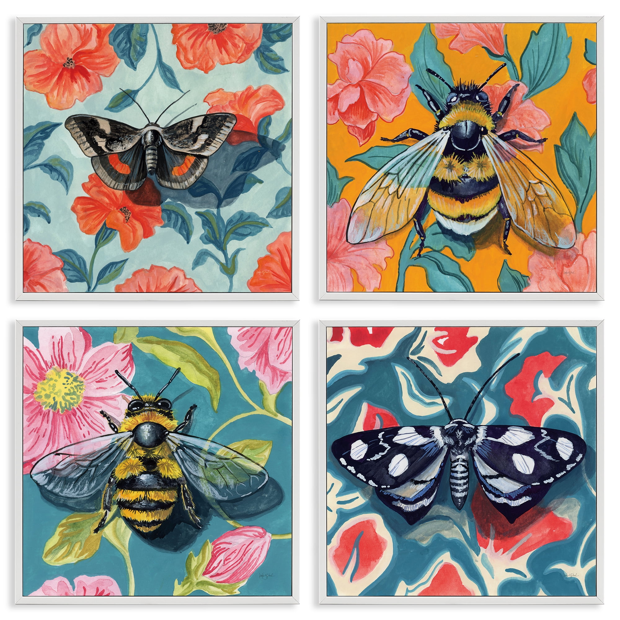 Stupell Industries Insects on Flower Patterns 4 Piece White Framed Giclee Art Set, design by Kate Jarvik Birch