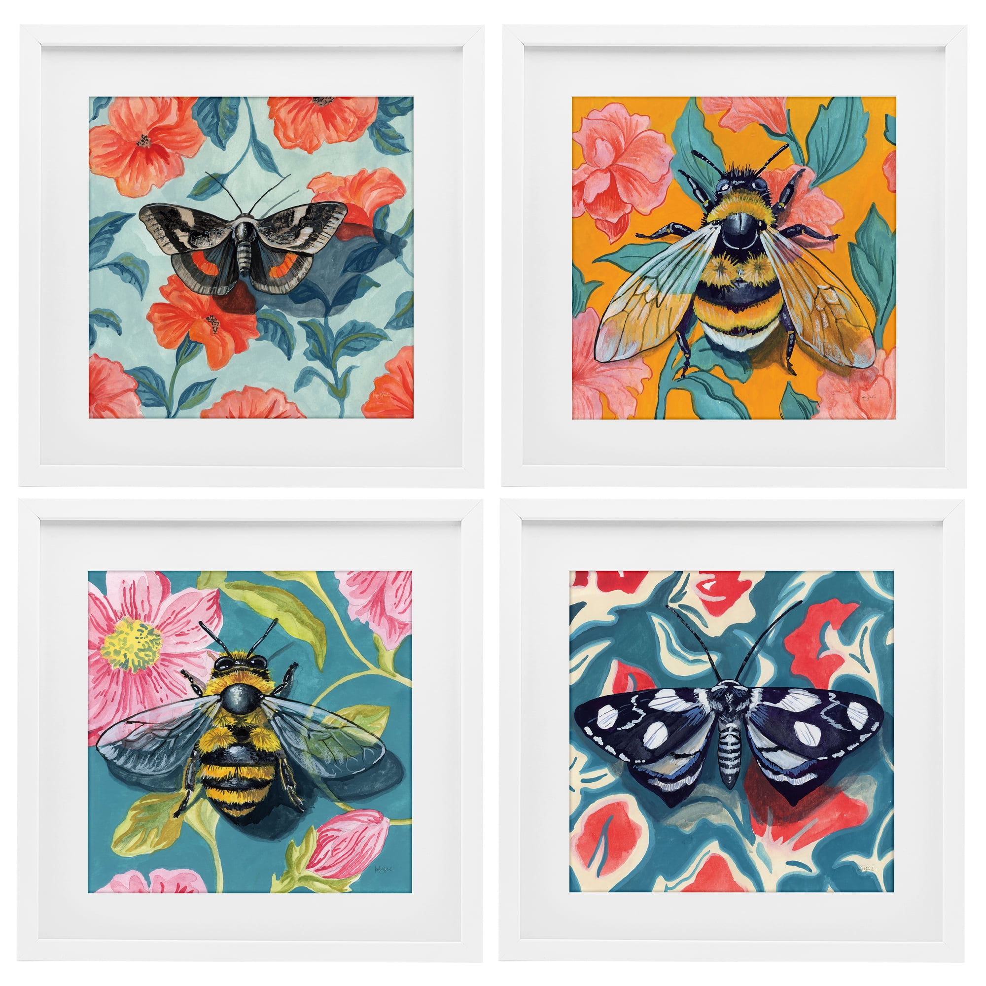 Stupell Industries Insects on Flower Patterns 4 Piece White Framed Print Under Glass Set, design by Kate Jarvik Birch