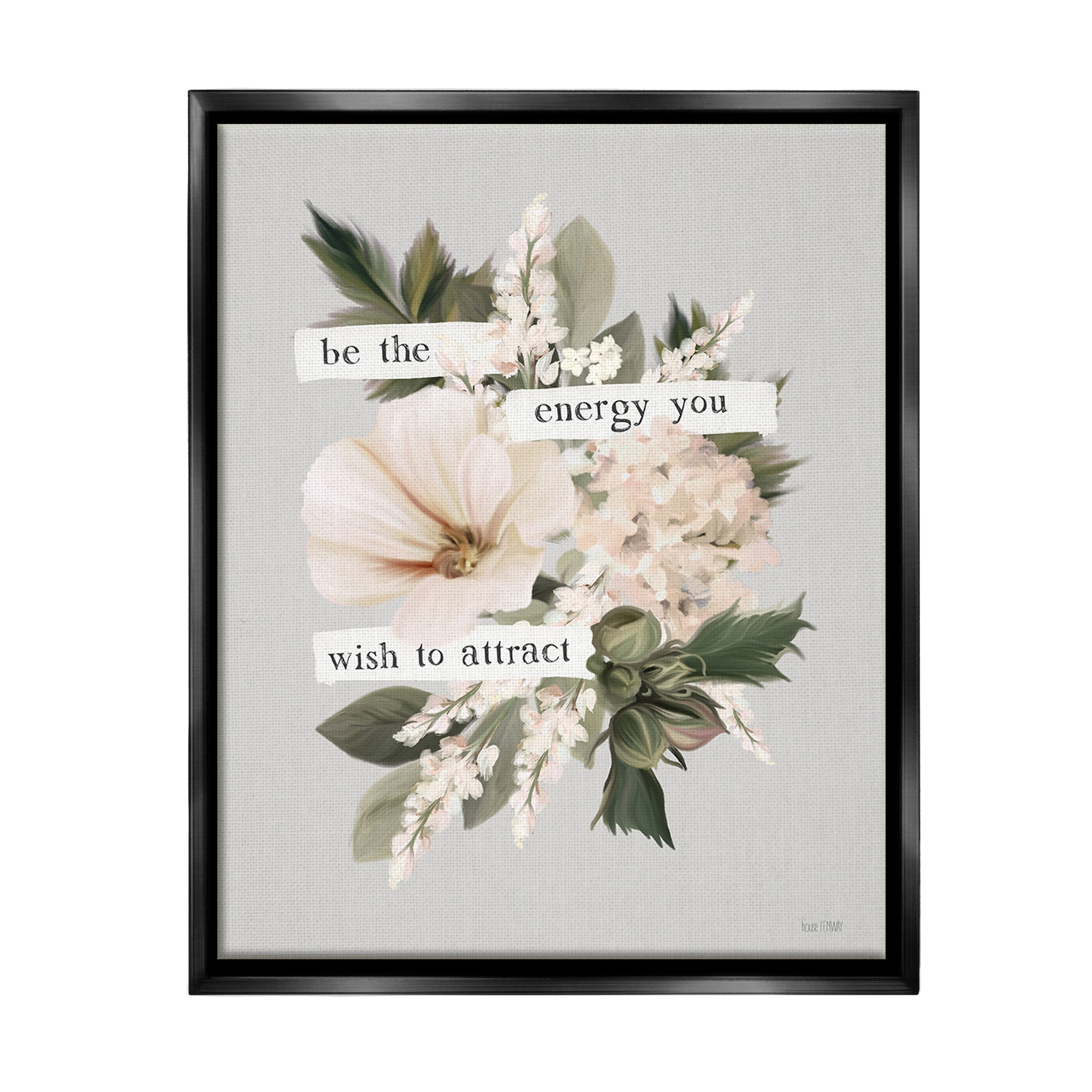 Stupell Industries Inspirational Be The Energy Botanical & Floral Painting Black Floater Framed Canvas Art Print Wall Art, 17 x 21