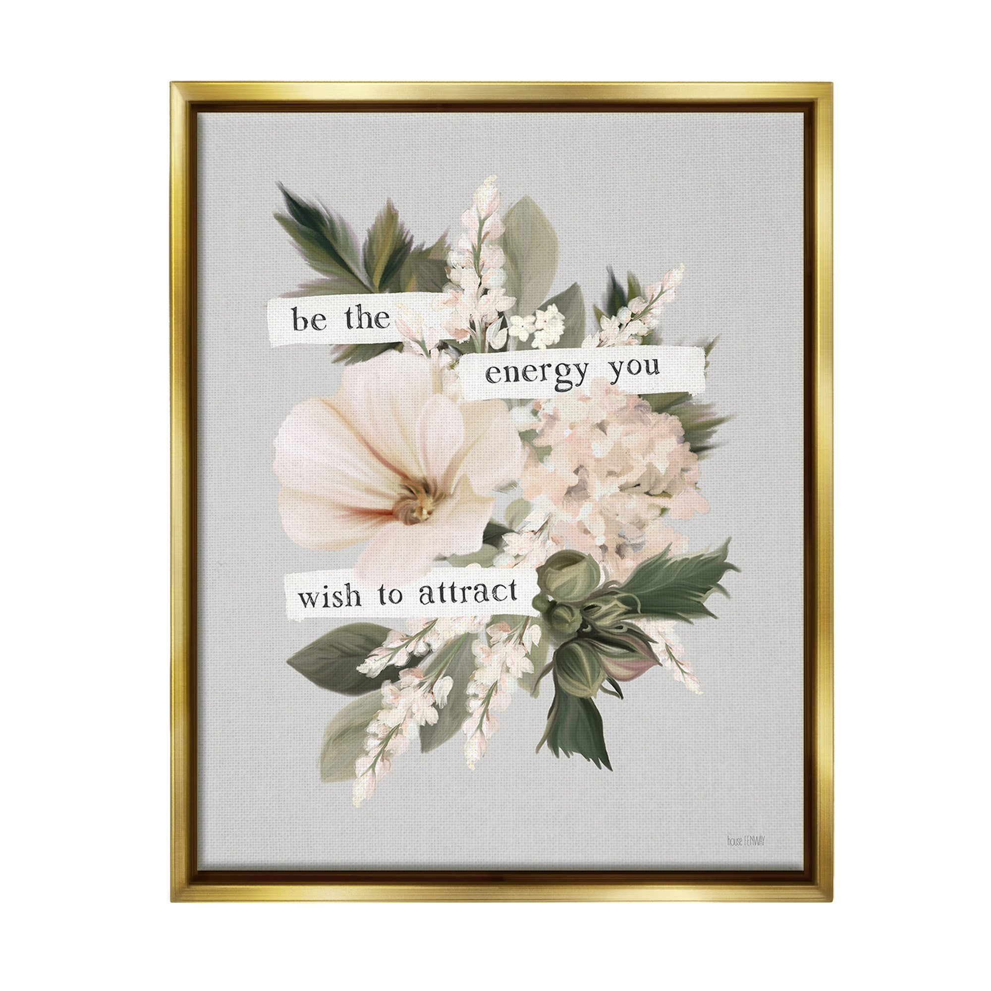 Stupell Industries Inspirational Be The Energy Botanical & Floral Painting Gold Floater Framed Canvas Art Print Wall Art, 17 x 21
