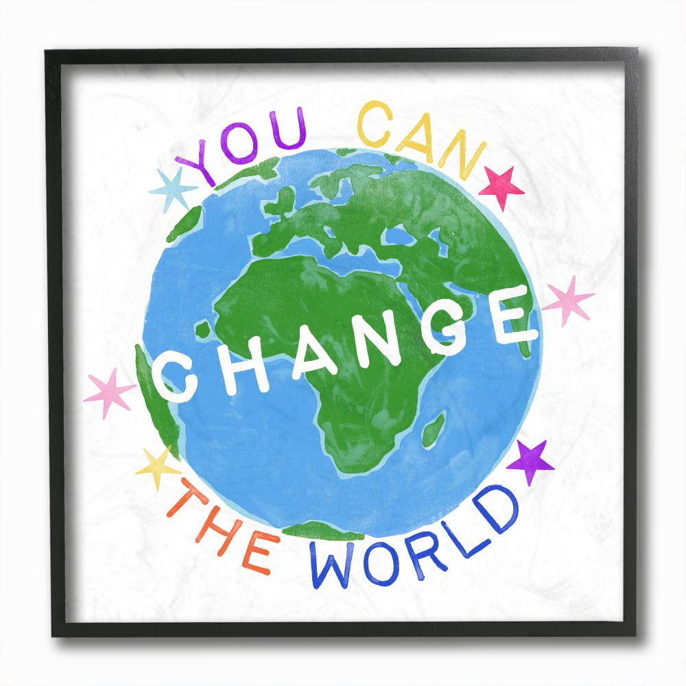 Stupell Industries Inspirational Change the World Quote Earth Kids Words Framed Wall Art Design by June Erica Vess, 12" x 12", Black Framed