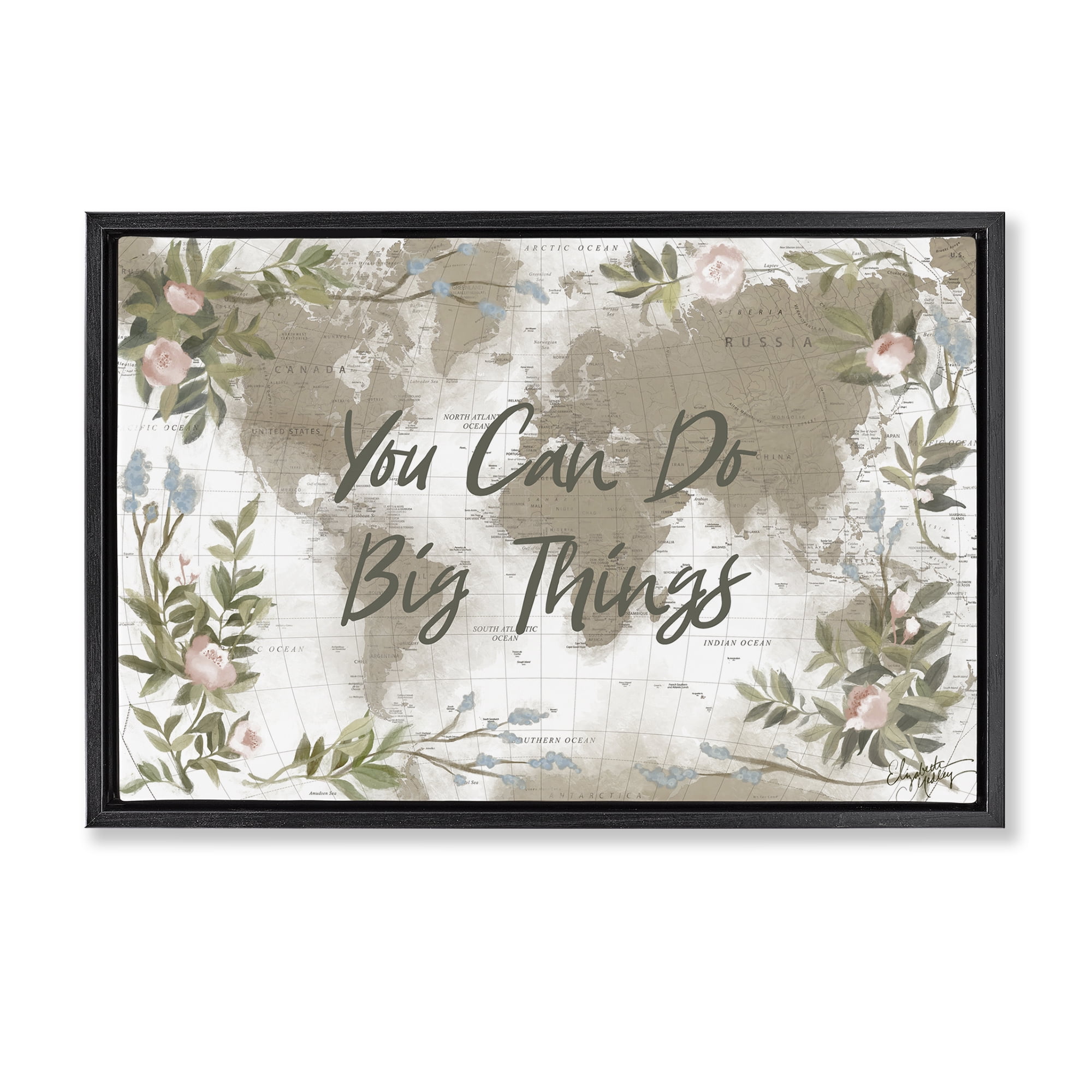 Stupell Industries Inspirational Floral Map Plants & Flowers Painting Black Floater Framed Canvas Art Print Wall Art, 31 x 21