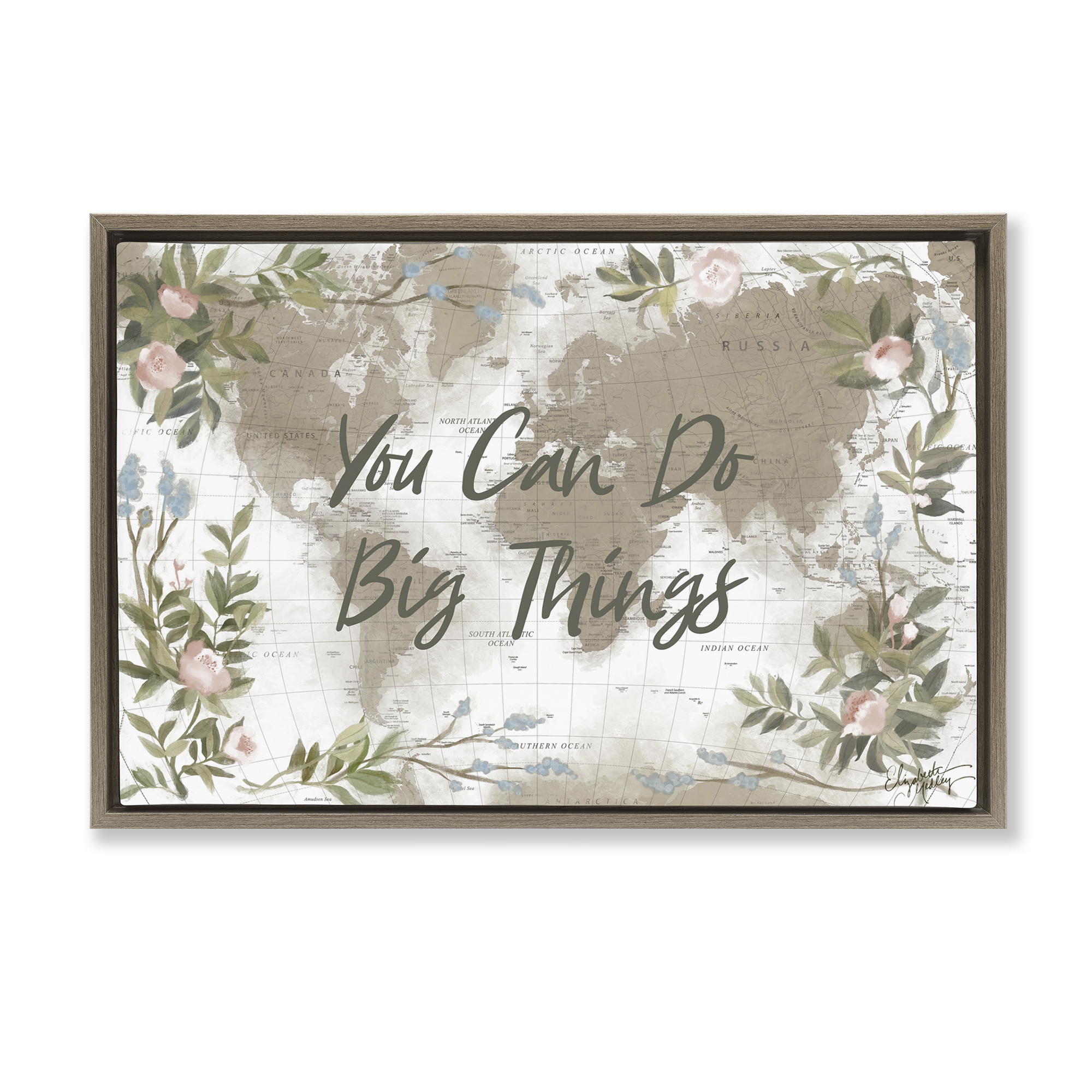 Stupell Industries Inspirational Floral Map Plants & Flowers Painting Brown Floater Framed Canvas Art Print Wall Art, 25 x 17