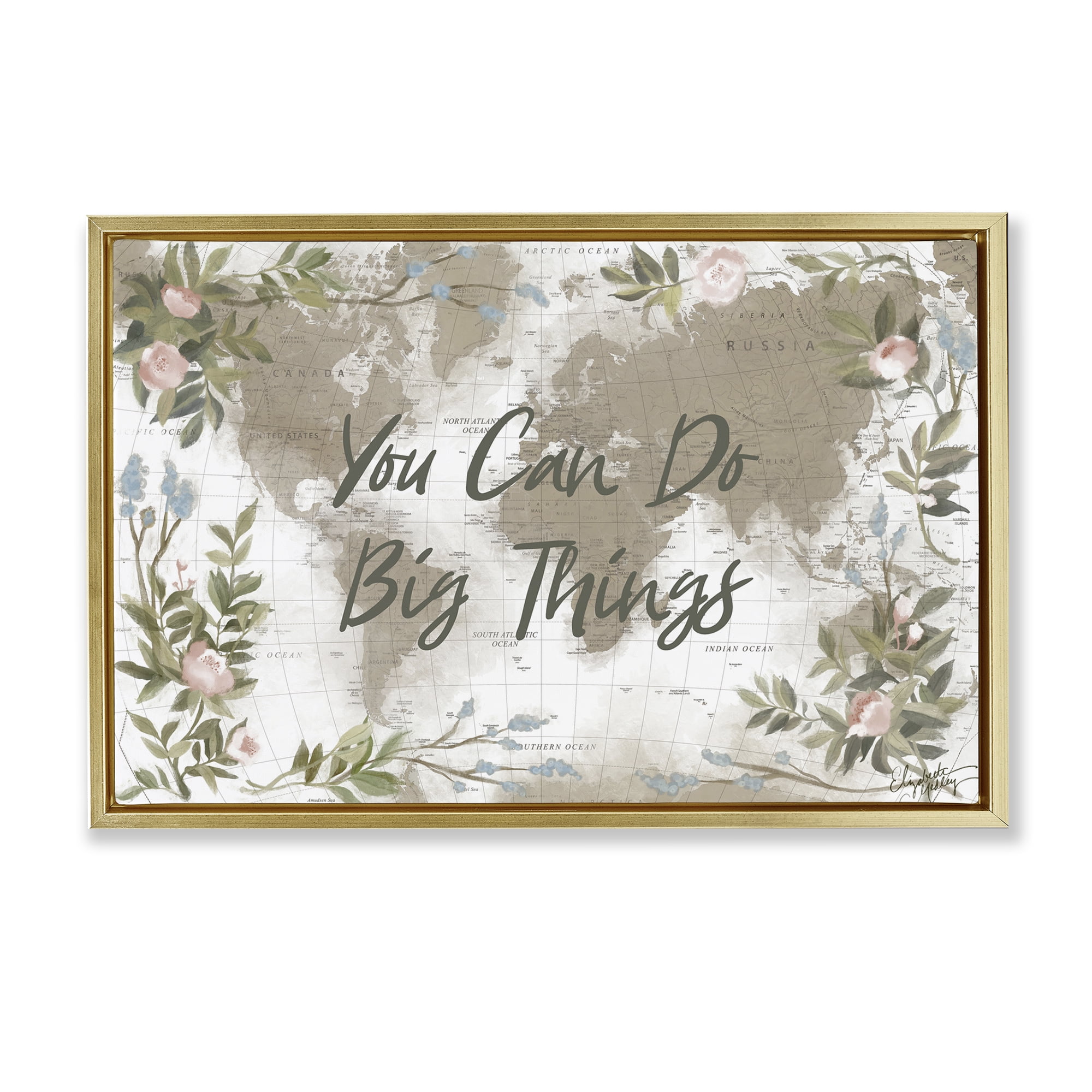 Stupell Industries Inspirational Floral Map Plants & Flowers Painting Gold Floater Framed Canvas Art Print Wall Art, 31 x 21