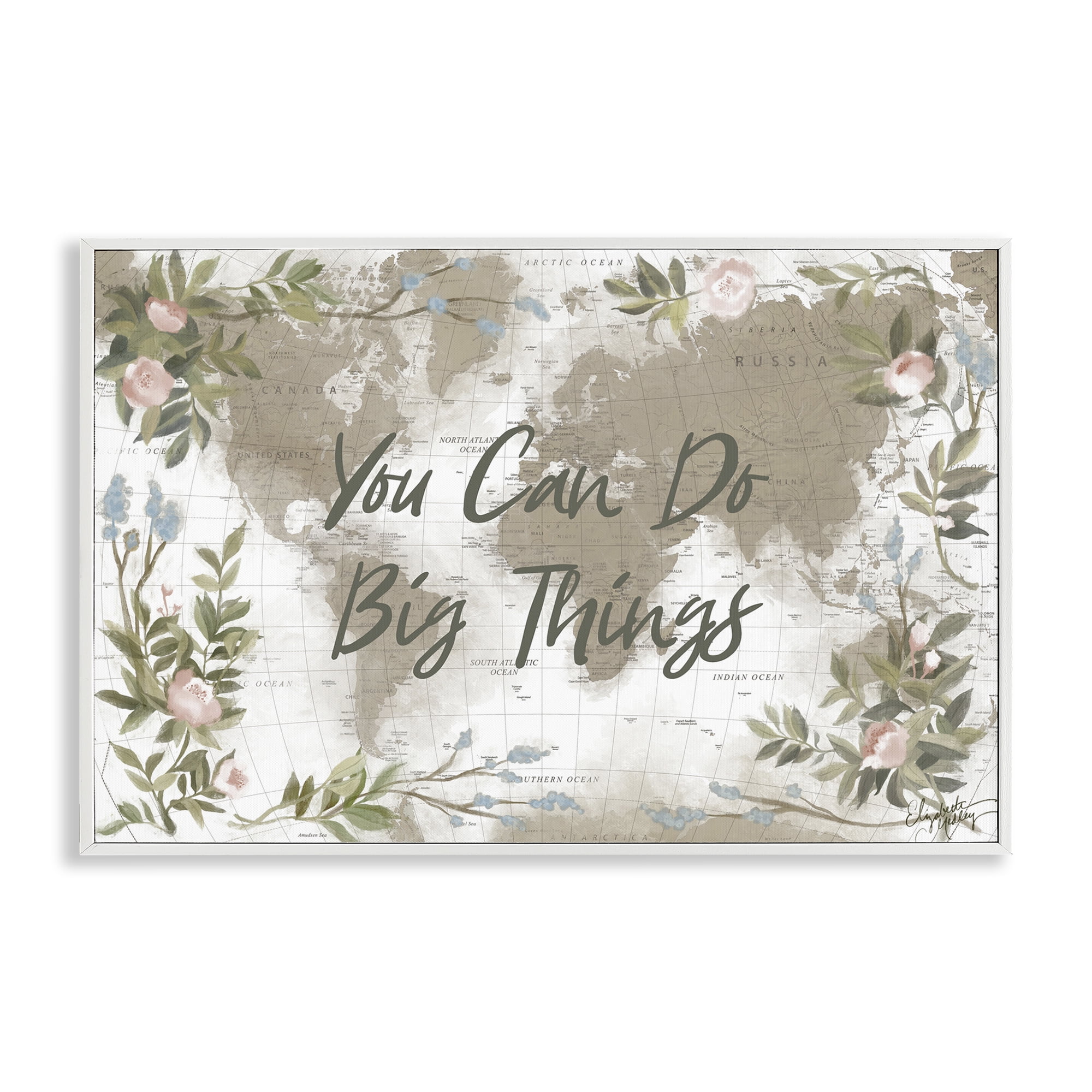 Stupell Industries Inspirational Floral Map Plants & Flowers Painting White Framed Art Print Wall Art, 30 x 20