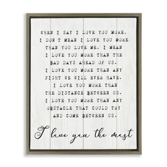 Stupell Industries Inspirational I love You the Most Phrase Typography Painting Brown Floater Framed Canvas Art Print Wall Art, 25 x 31