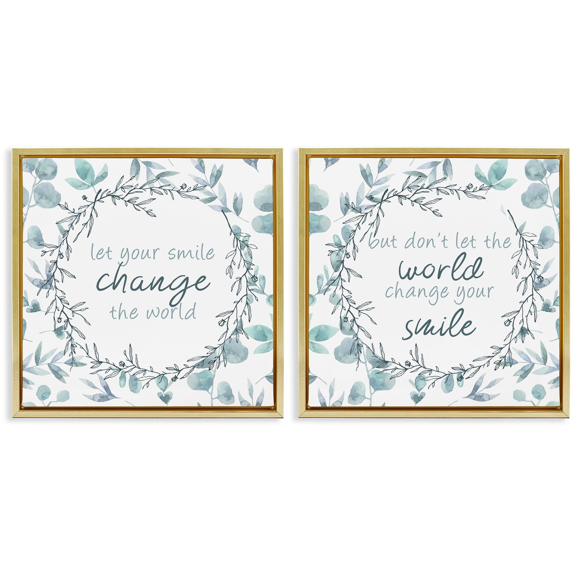 Stupell Industries Inspirational Smile Quotes 2 Piece Gold Framed Floater Canvas Set, design by Kim Allen