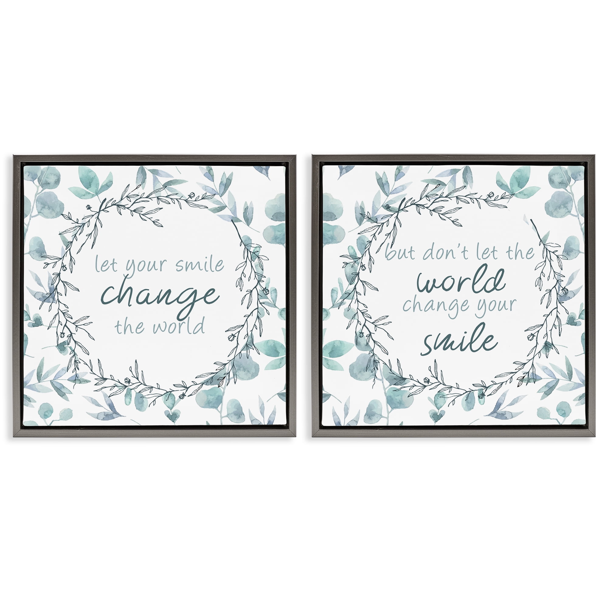 Stupell Industries Inspirational Smile Quotes 2 Piece Gray Framed Floater Canvas Set, design by Kim Allen