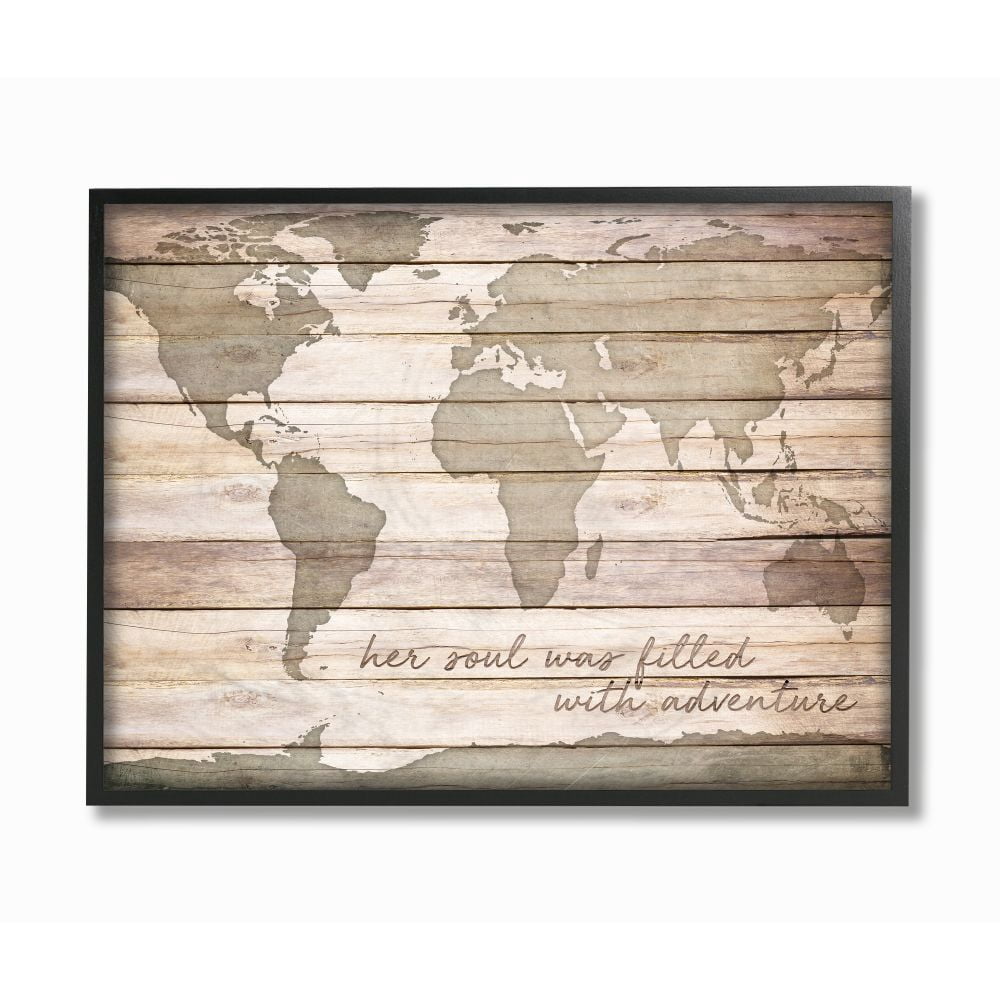 Stupell Industries Inspirational Word World Map Wood Texture Design Framed Giclee Texturized Art by SD Graphics Studio