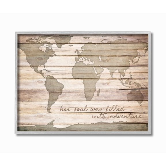 Stupell Industries Inspirational Word World Map Wood Texture Design Gray Farmhouse Rustic Framed Giclee Texturized Art by SD Graphics Studio